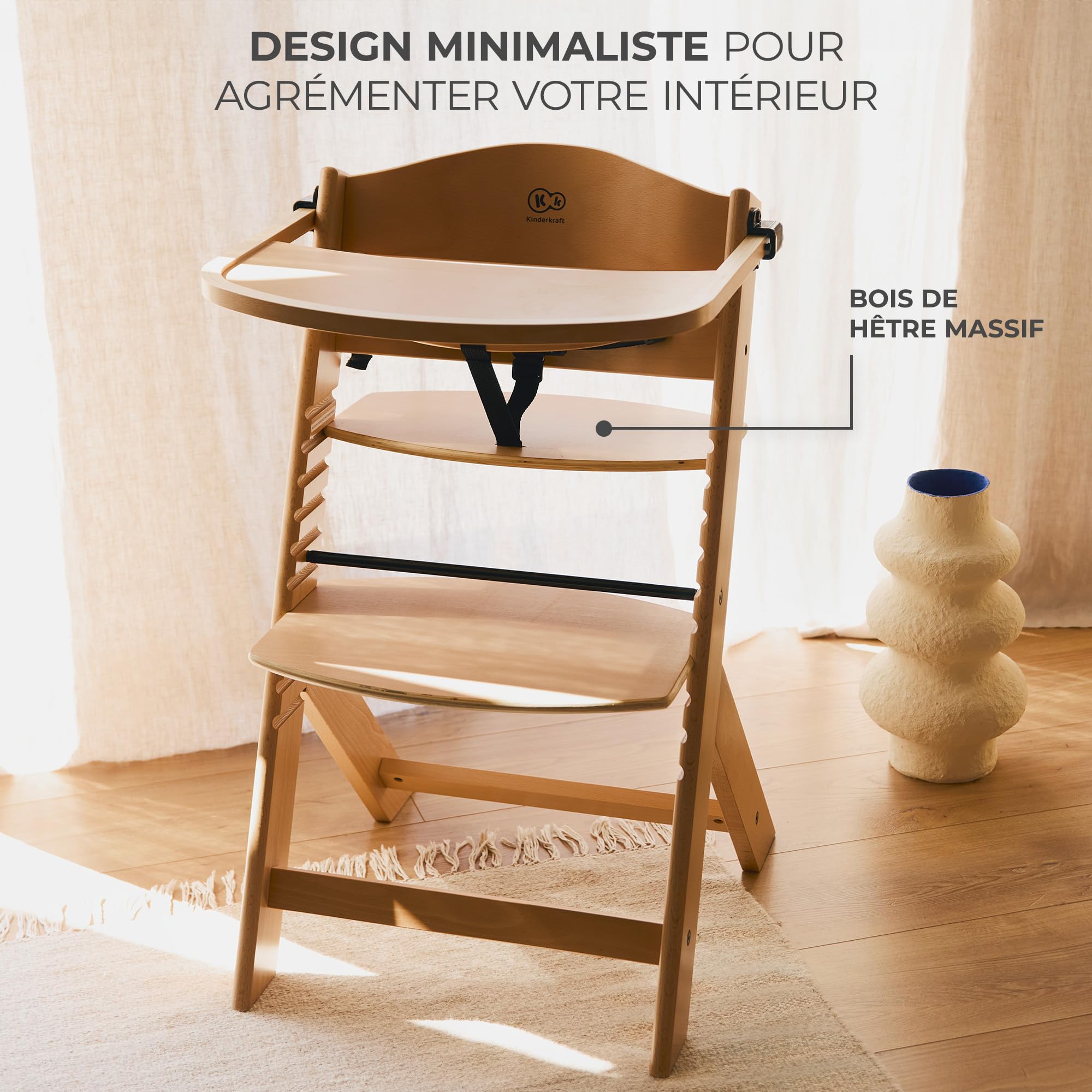 Kinderkraft ENOCK Chaise Haute Bébé + Transat CALMEE, Bois Naturel, Chaise d'alimentation Évolutive Réglable