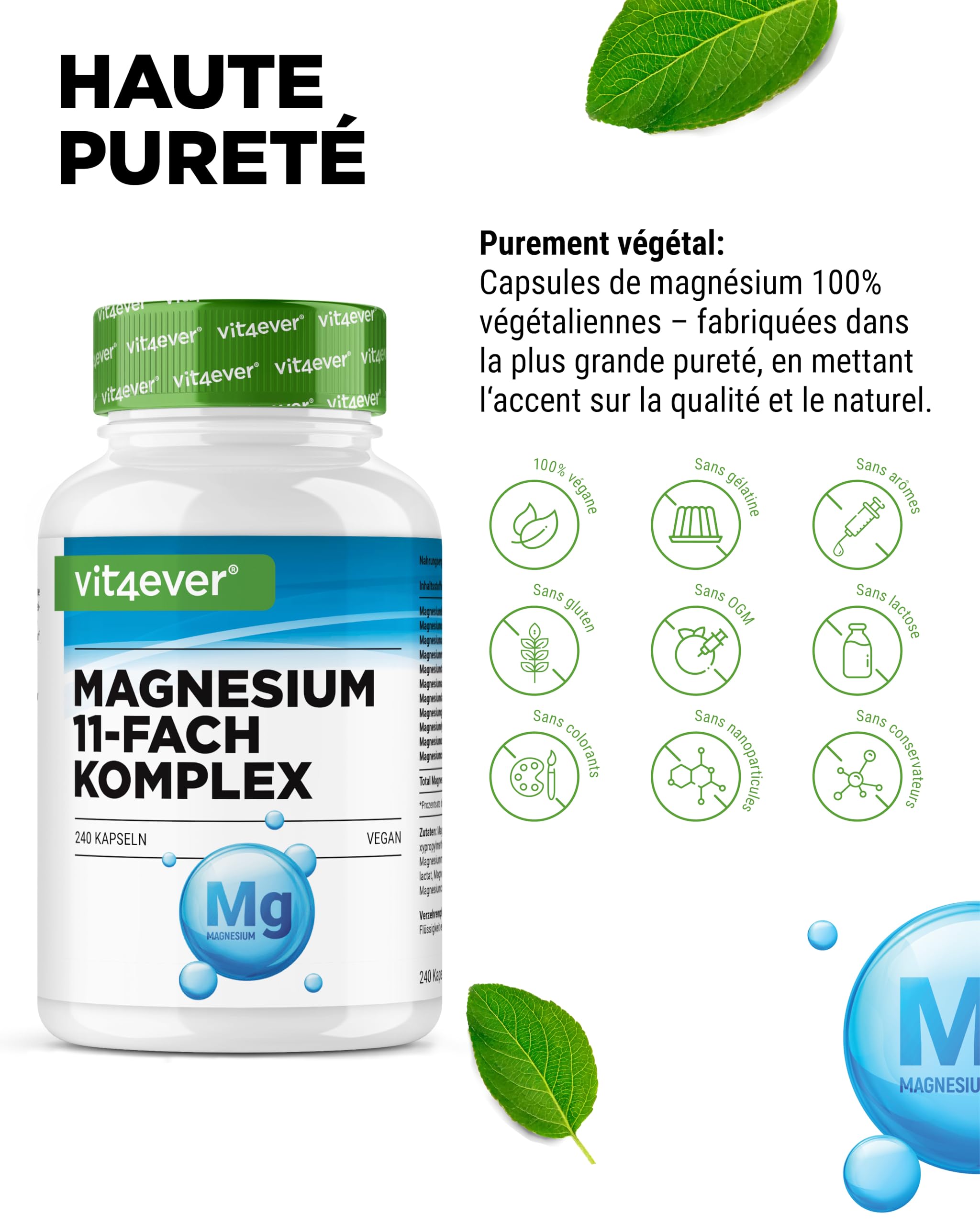 Complexe de Magnésium - 240 gélules - 11 composés de haute qualité - 408 mg de magnésium élémentaire par dose journalière - Hautement dosé - Vegan