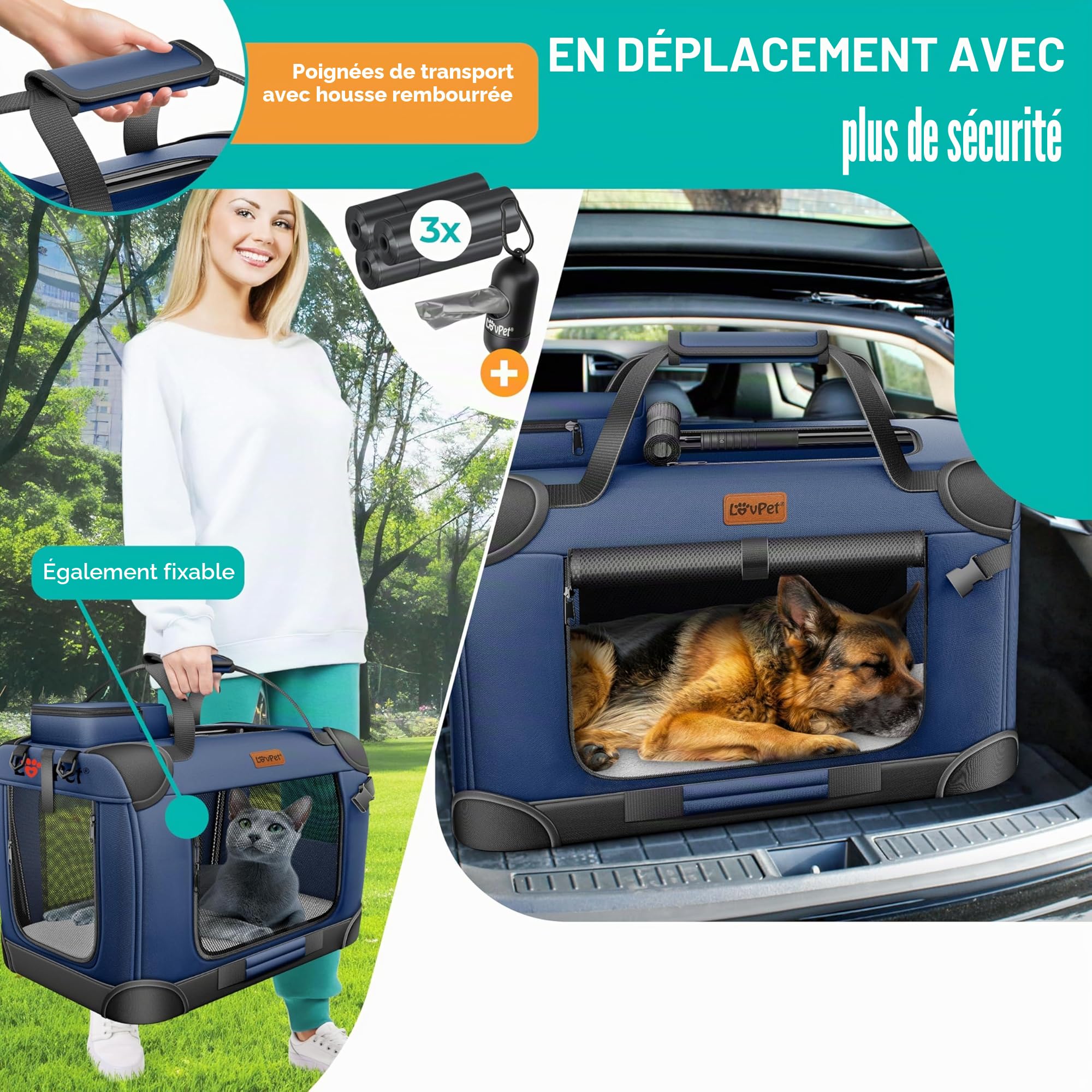 Lovpet® Boîte de transport pliable pour chien avec gamelle, XXL, 91,4 x 63,5 x 63,5 cm - Sac de transport pour animaux de compagnie, chiens et chats - Bleu marine
