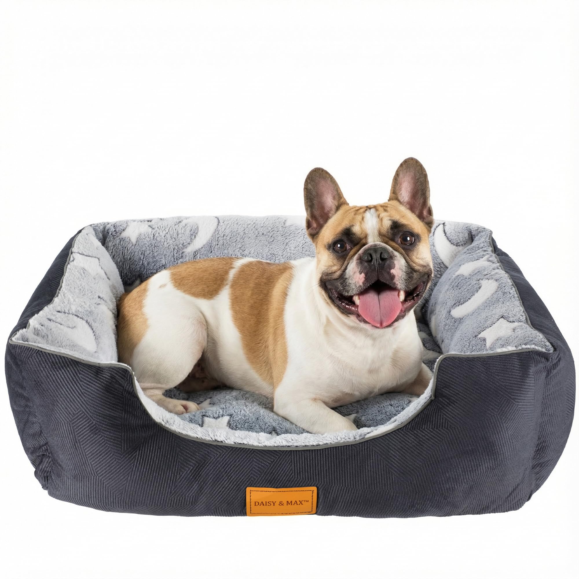 Daisy & Max Medium Dog Bed Washable (63×53cm) – Soft Plush Pet Bed with Raised Sides, Non-Slip Base & Rectangle - Comfortable Indoor Grey Dog Bed, Puppy Bed, for Small Medium Large Dogs