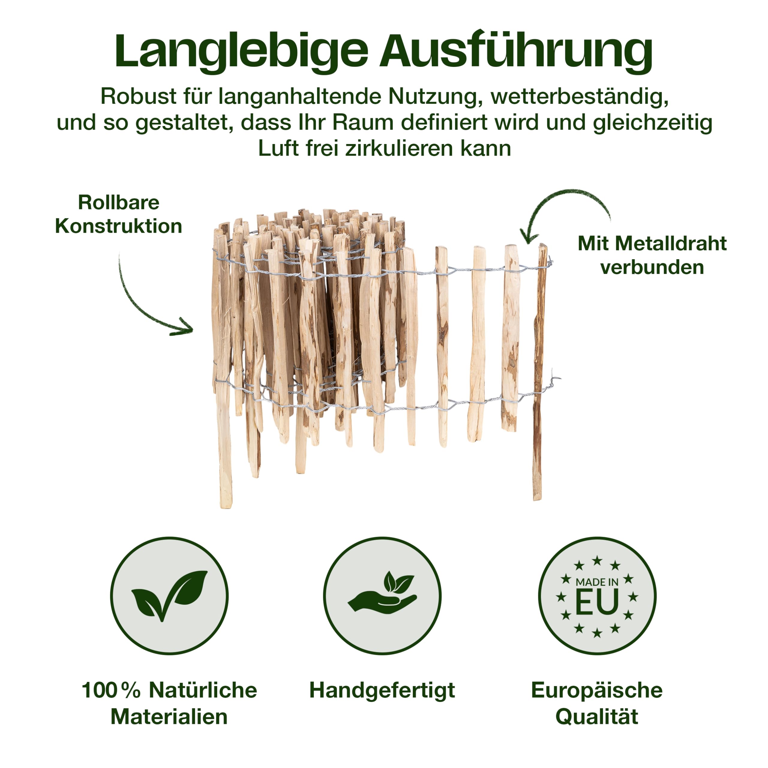 Creative Home Staketenzaun 35cm hoch und 2m lang | Lattenabstand 3-4 cm | Haselnusszaun | Rollzaun | Gartenzaun Holz Holzzaun | Zaun Garten Ideal als Rasenkante Blumenbeet Umrandung aus Haselnuss