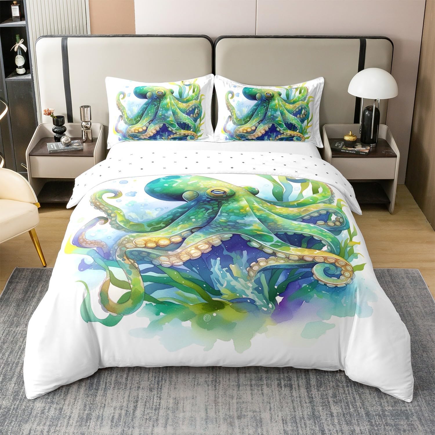 Feelyou Kids Sea Ocean Octopus 100% Cotton Duvet Cover Set,Nautical-Themed Octopus Bedding Set King Size,Sea Animals Octopus Comforter Cover,Ocean Beach Octopus Quilt Cover,No Comforter for Boys Girls