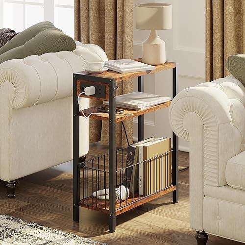 Miniatura 2 de Mesa auxiliar estrecha con estación de carga, mesa auxiliar pequeña para espacios pequeños, mesita de noche delgada con cesta de almacenamiento,