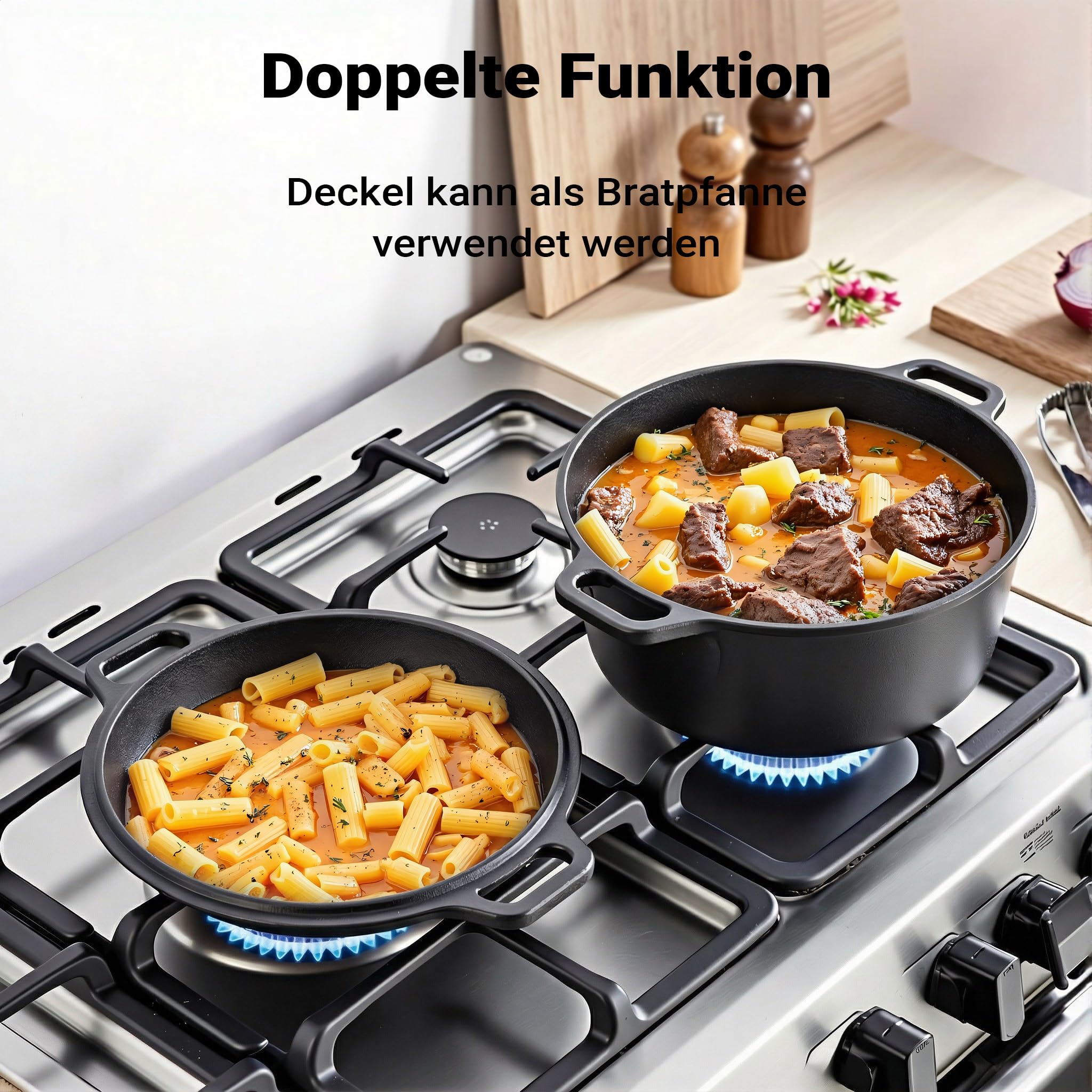 Wiltec 2in1 Dutch Oven 32 x 26 x 16 cm Grilltopf aus Gusseisen, Schmortopf plus Deckel, Feuertopf inkl. Topfgestell, Deckelhalter und Griffe