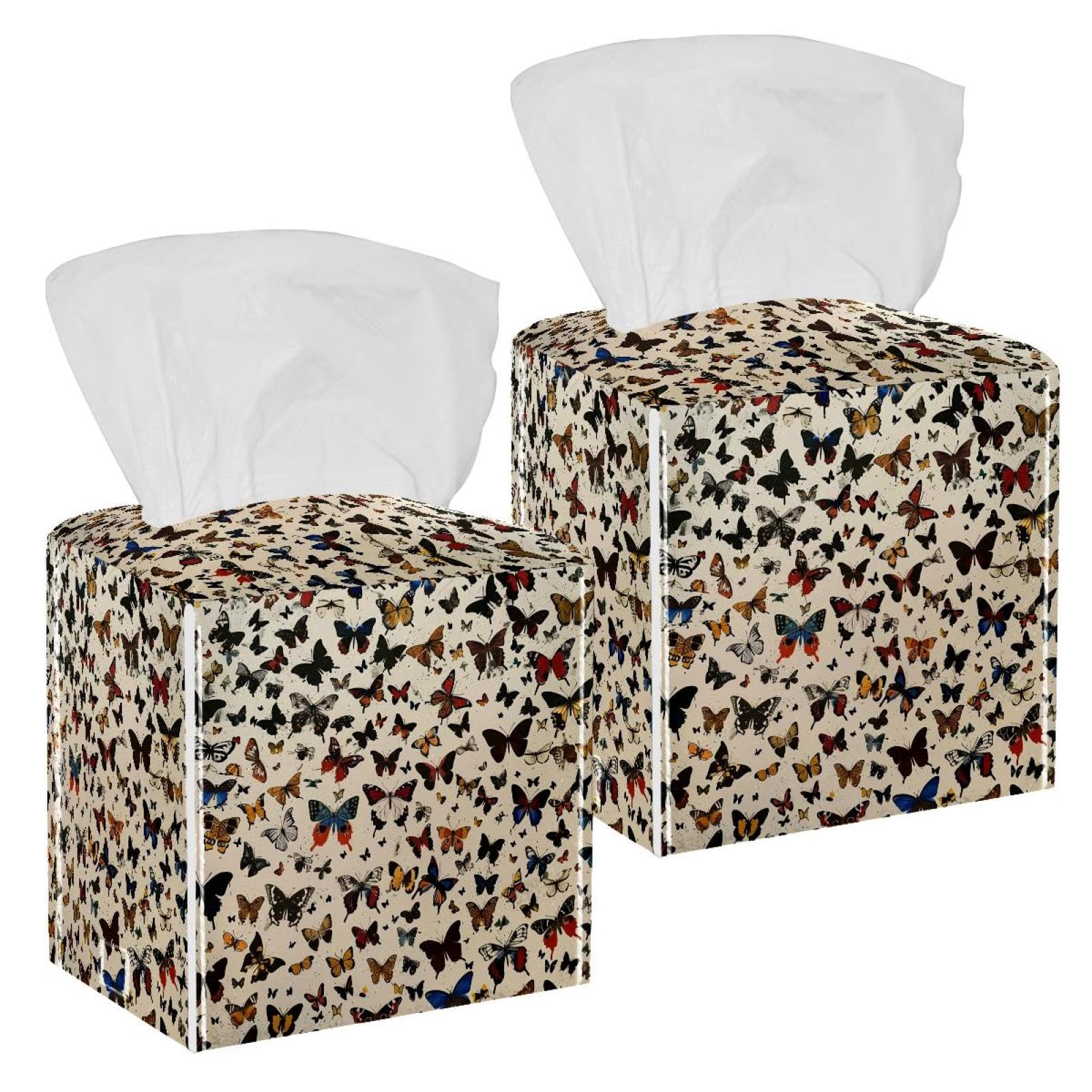 Retro Butterflies Seamless Print Tissue Box Cover, 2 Pack PU Leather Square Facial Tissue Dispenser Box holder for Home Office Car