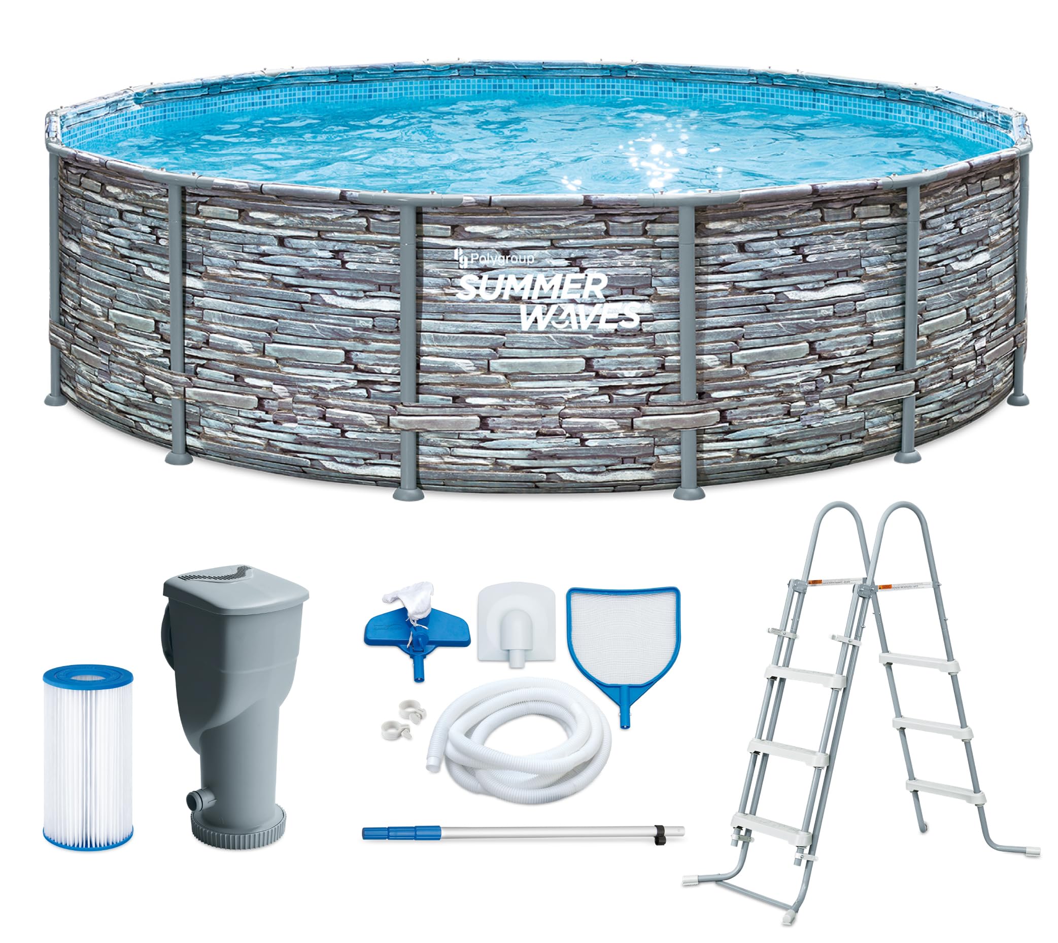 Summer Waves Elite Frame Pool Komplettset – Rundes Frame-Becken mit Steinoptik, Ø427 cm