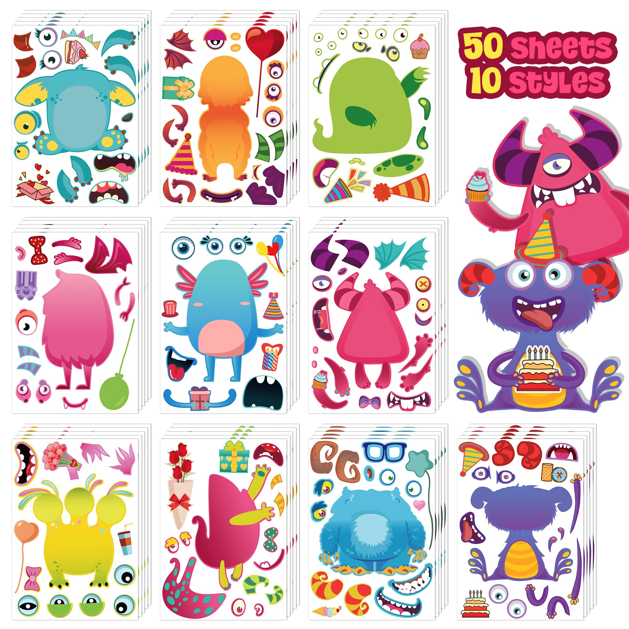 Make a Face Stickers, 50 Sheets Monster-Themed DIY Stickers for Kids, 10 Styles Perfect for Birthday, Classroom, Goodie Bag idea, Valentine's Day and Party Favor