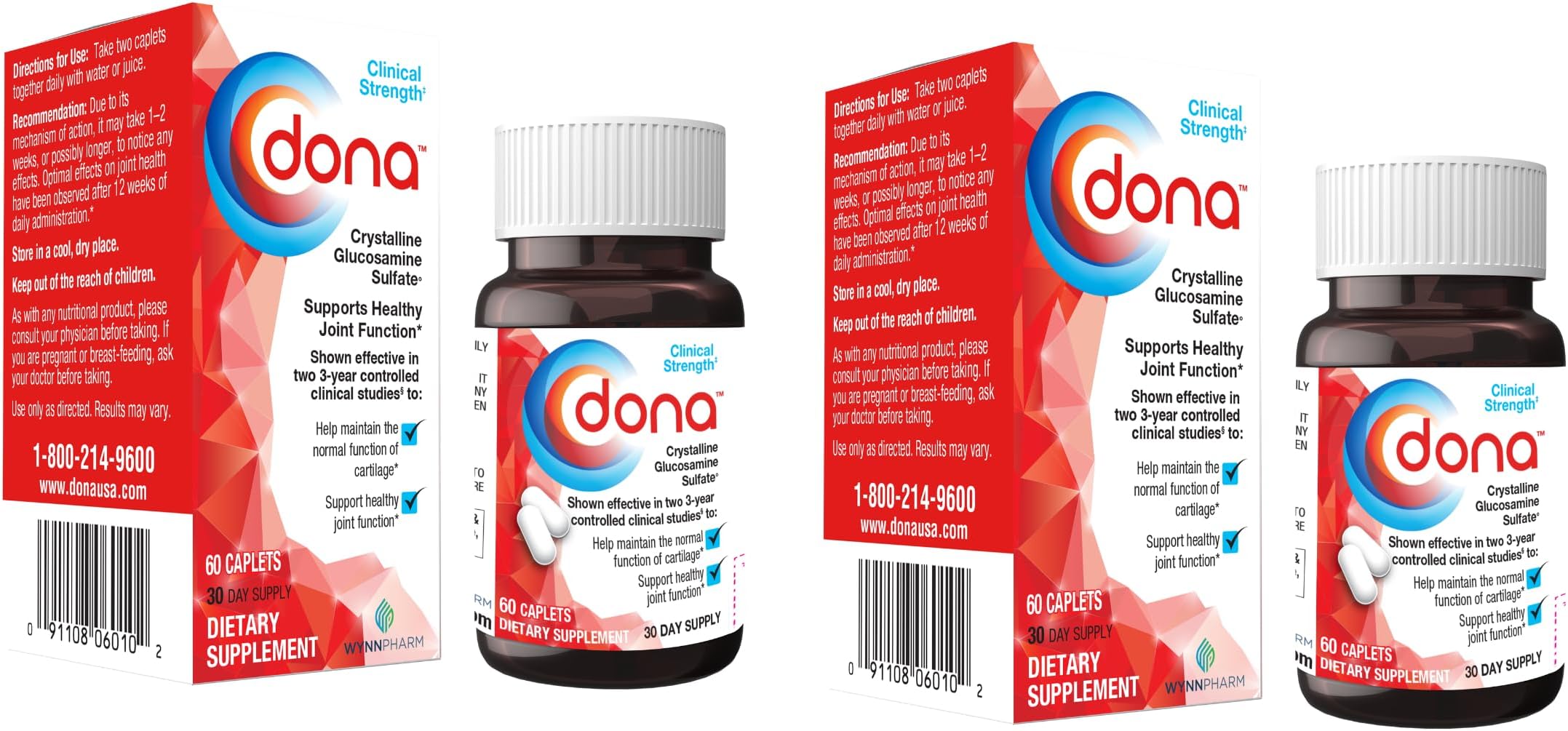 Dona Crystalline Glucosamine Sulfate, 1500 Mg, Joint Supplement Pills for Knee Comfort & Joint Health Support, 1500 Mg, 60 Count (2 Pack).