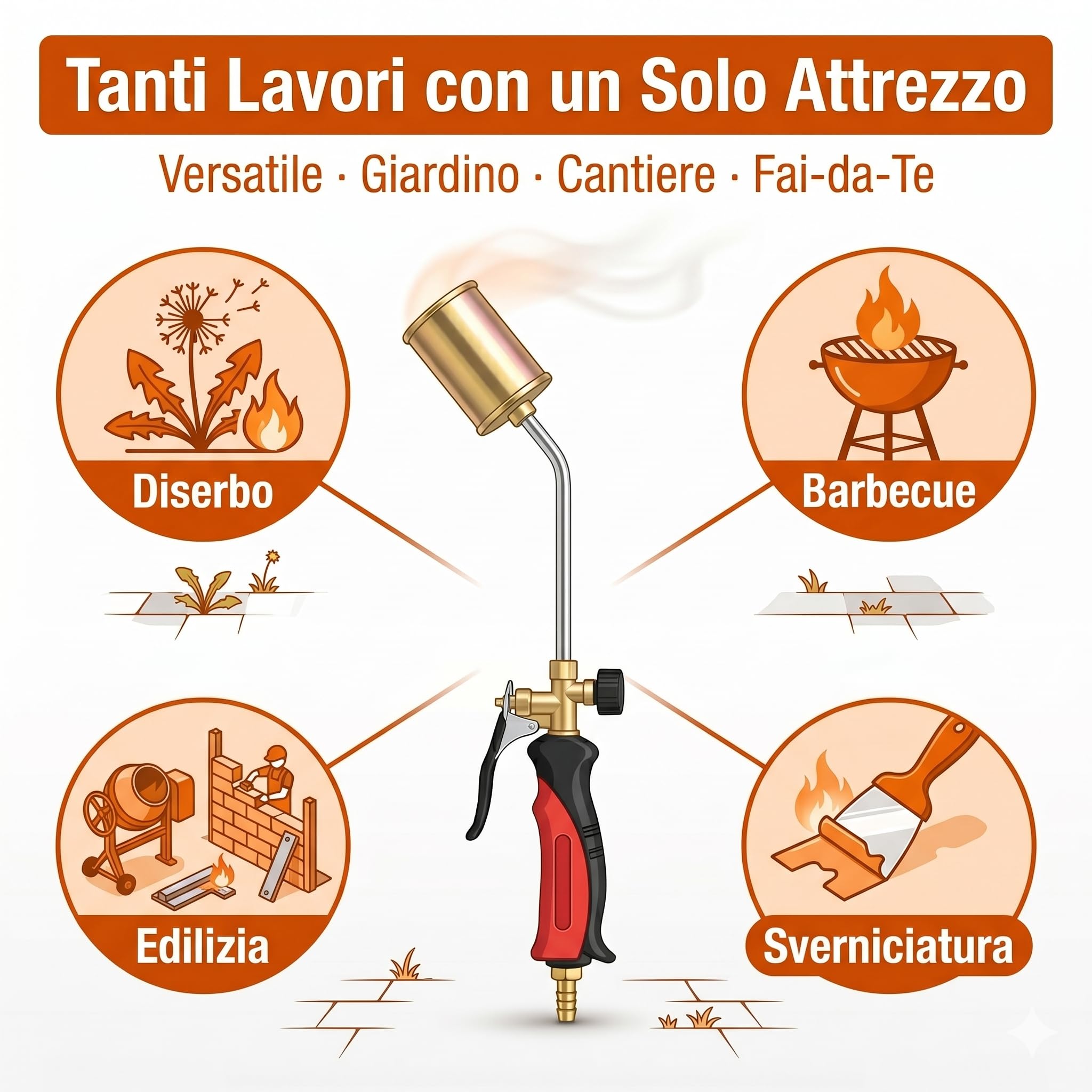 Lemag Cannello da Riscaldo a Gas con Leva 60 cm – Kit Completo con Chiave Tubo 2m e 2 Fascette – Bruciatore Ø45mm per Diserbo Termico Accensione e Sverniciatura – Cannello GPL | Made in Italy