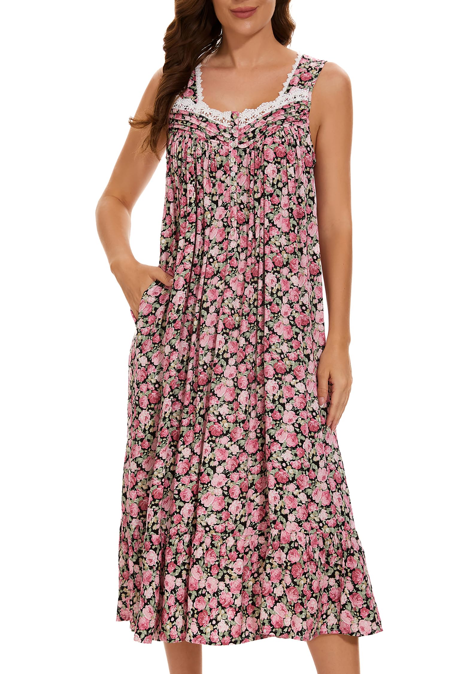 AVIIER Cotton Nightgowns for Women Sleeveless House Dress Ladies Long Nightdress with Pockets S-XXL
