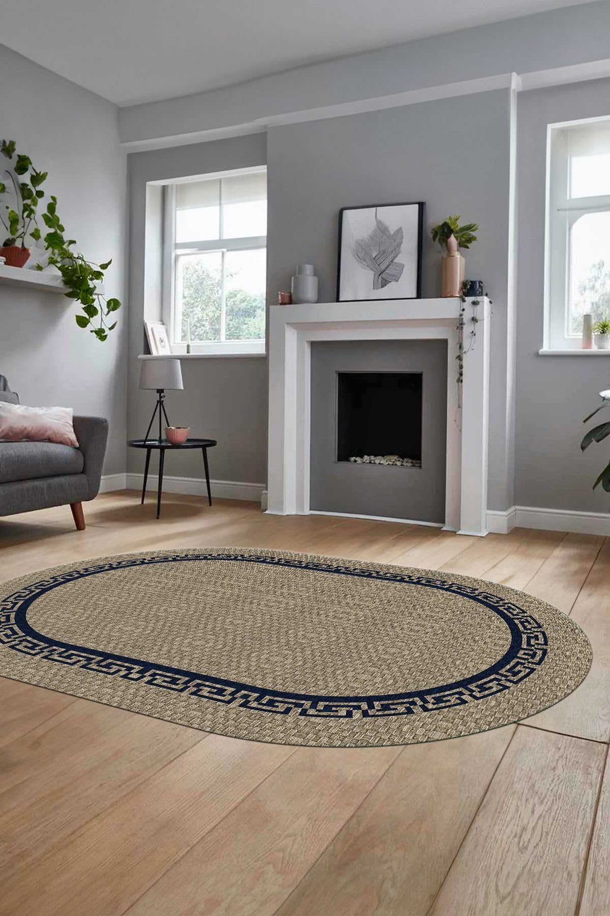 Evdeya Dijital Kaymaz Taban Yıkanabilir Jüt-Hasır Görünümlü Oval Mutfak Yolluk Salon Halısı O-JÜT-01, Mavi, 180 x 300