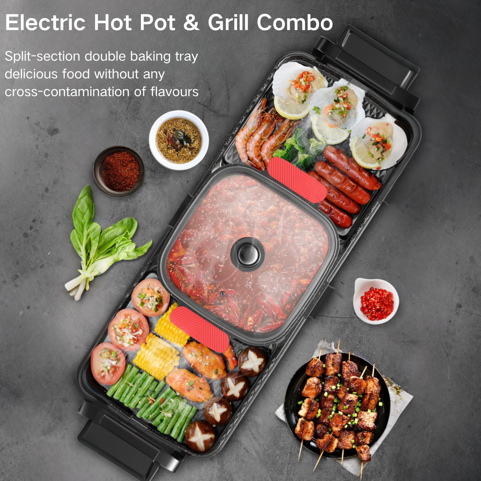 Electric Hot Pot und grill Elektrisch Hotpot Topf Elektrogrill 2 in 1, mit Klarer Deckel Indoor Korean BBQ Thai Barbecue Fondue Raclette für 6 Personen, 5 Gang Separate Temperaturregelung
