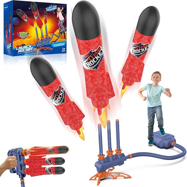 GOOJOOY Kids Toys for 4 5 6+ Year Old Boys Girls, 2 in 1 Space Rocket Toys, Rocket Launcher Toy with 3 Launch Cylinders, for Birthday Christmas New Year Eve