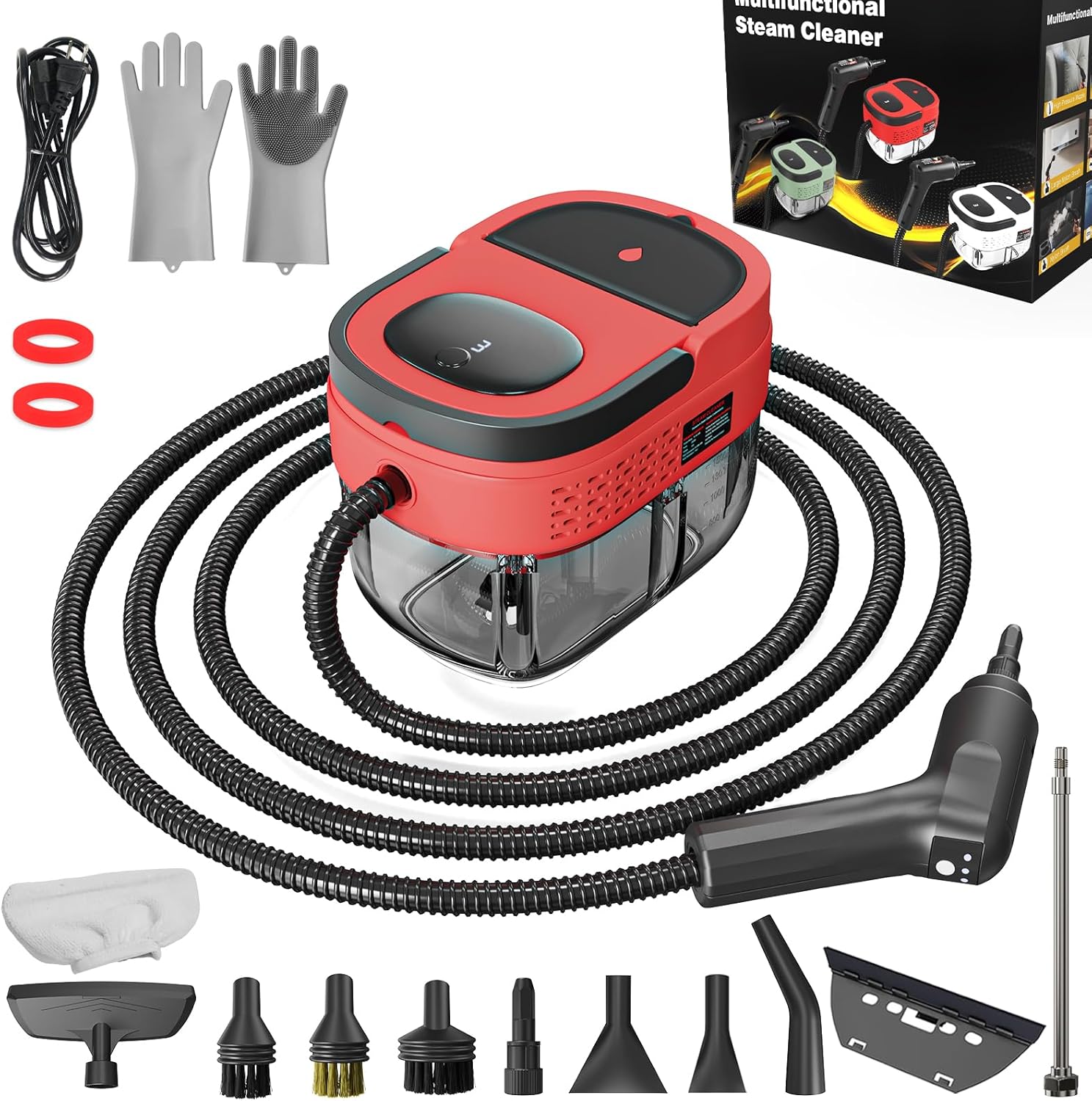 Handheld Steam Cleaner, 2500W High Pressure Steamer for Cleaning, Portable Steam Cleaner with 1.6L Water Tank, 3 Levels Adjustable Handle, Steam Cleaner for Home, Car, Furniture, Bed Bugs (Red)
