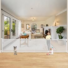 Reinforced 42" Extra Tall Retractable Baby Gates for Doorway, 200" Retractable Dog Gate With Support Rod, 16ft Extra Long Baby Gate for Large Opening, Bottom Anti-Crawl Indoor/Outdoor Mesh Child Gates