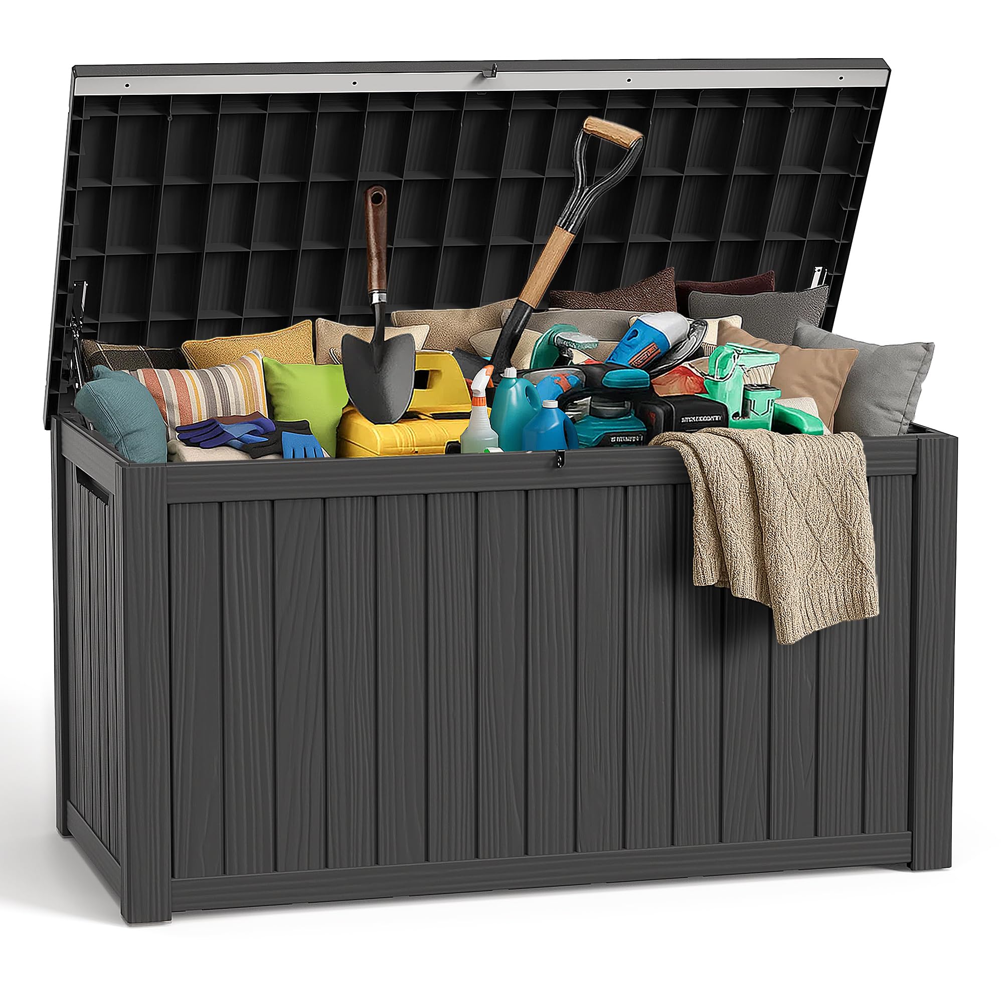 ROJIK Outdoor Storage Housing Deck Box,Waterproof Patio Furniture, Garden Tools,Cushions,Pool Accessories Storage Bench with Lockable Lid and Side Handles (Black,280 Gal)