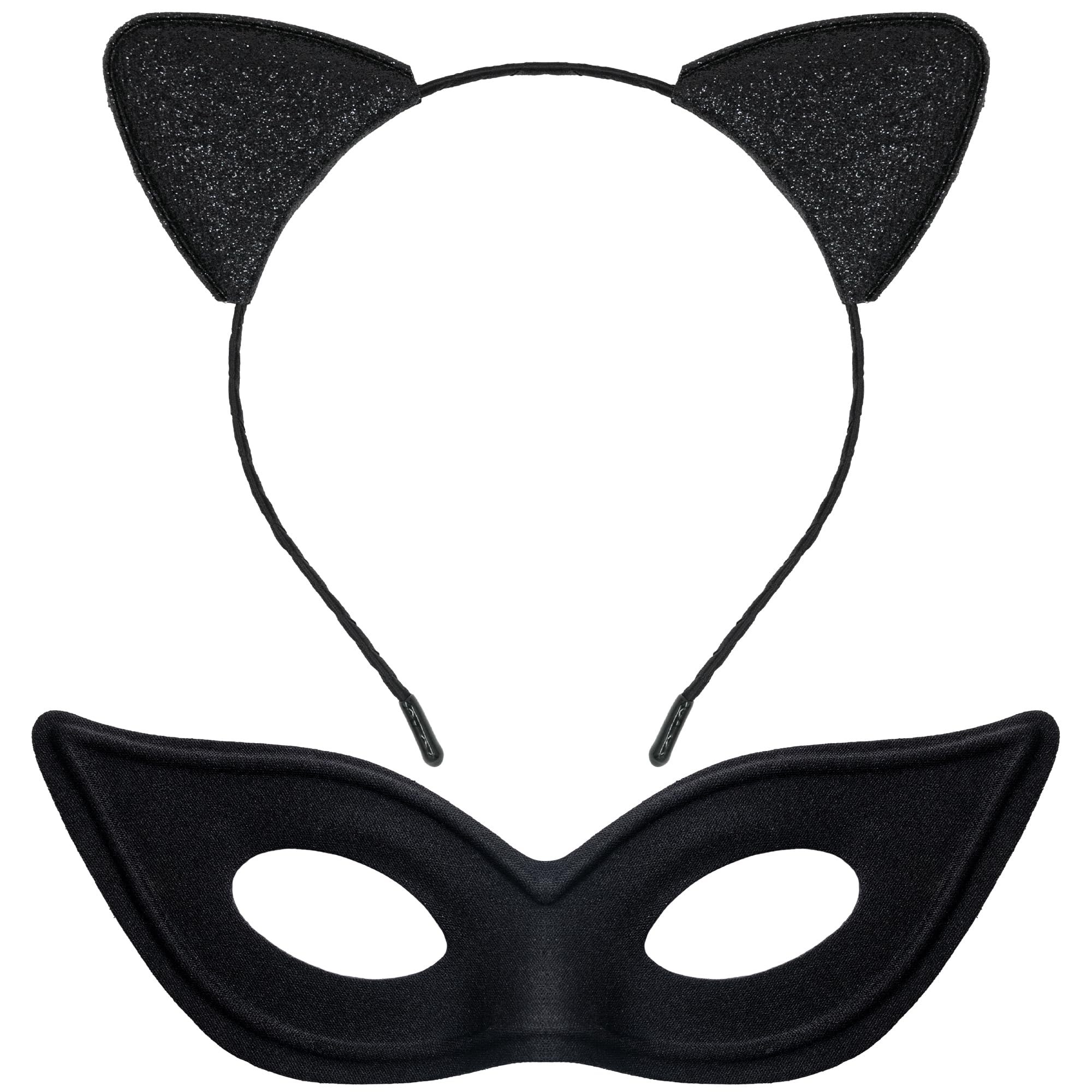 Black Cat Mask and Ears Headband – Glitter Kitty Ear Headband with Masquerade Mask – Adult Cat Costume Accessories