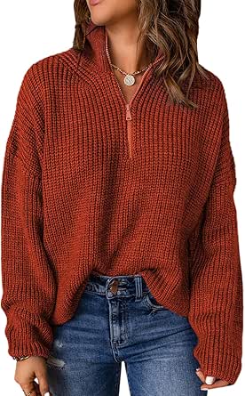Dokotoo Womens Sweaters Long Sleeve 1/4 Zip Pullover Polo V Neck Dressy Casual Tops