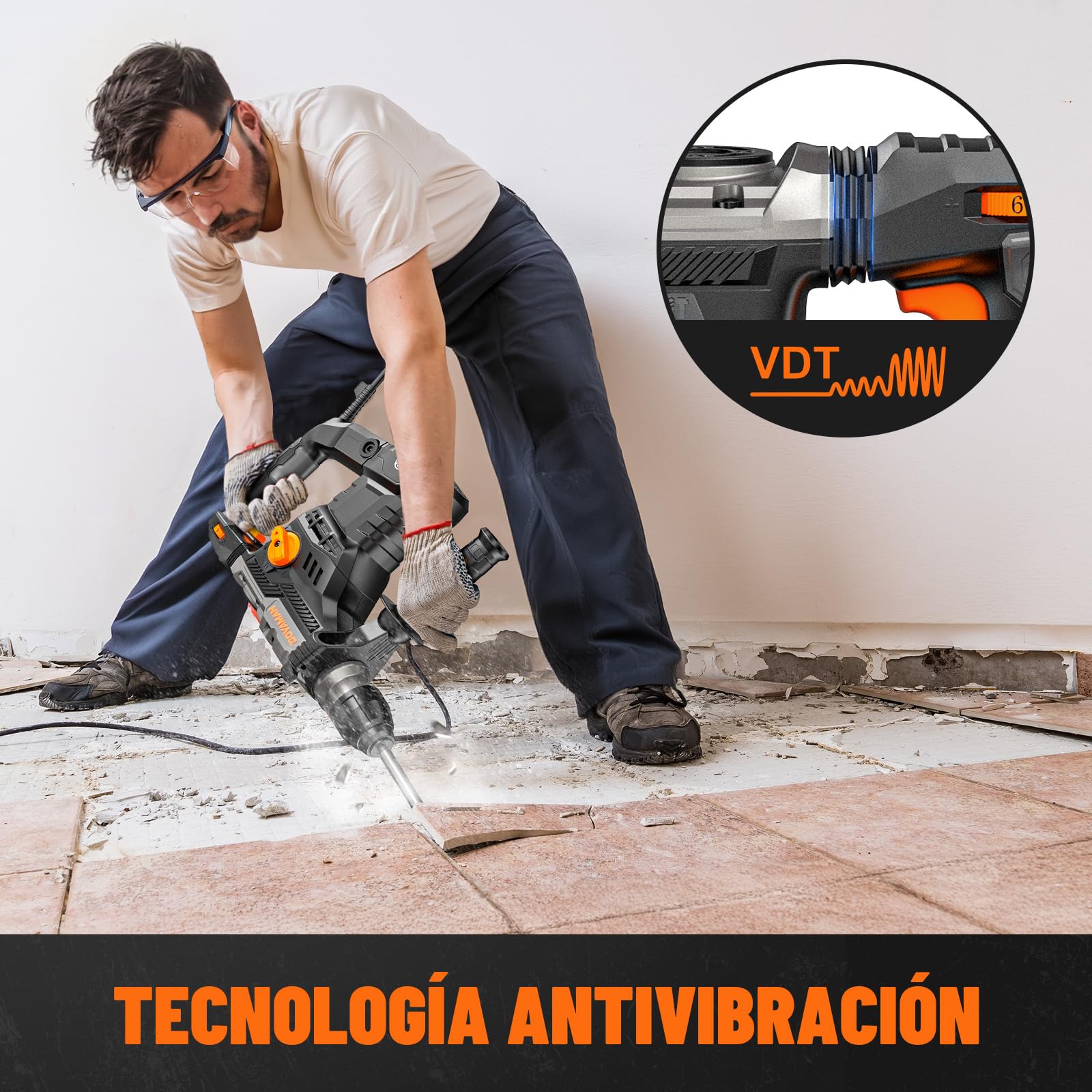 DOVAMAN RH15A Martillo Perforador SDS-Plus 1500W, 7J, 4 Funciones, 900 rpm, 4350 golp/min, Sistema Antivibración, Embrague de Seguridad, con Brocas y Cinceles, para Hormigón y Pared, con Maletín