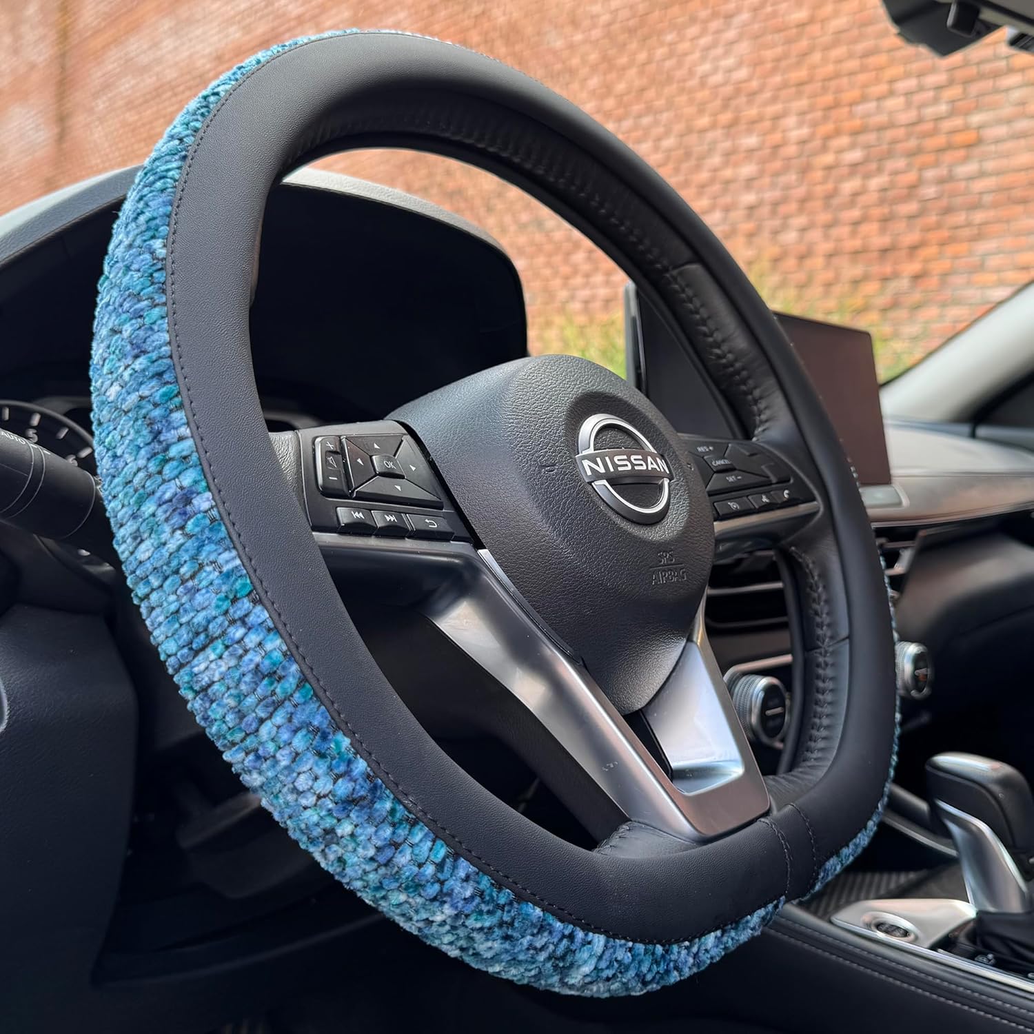 PINCTROT D Shaped Chenille Leather Steering Wheel Cover, Soft Mottled Colors, Sweat-Proof, Non-Slip Grip, All-Season Comfort, Flat Bottom 14.5-15 Inch(Mottled Blue)
