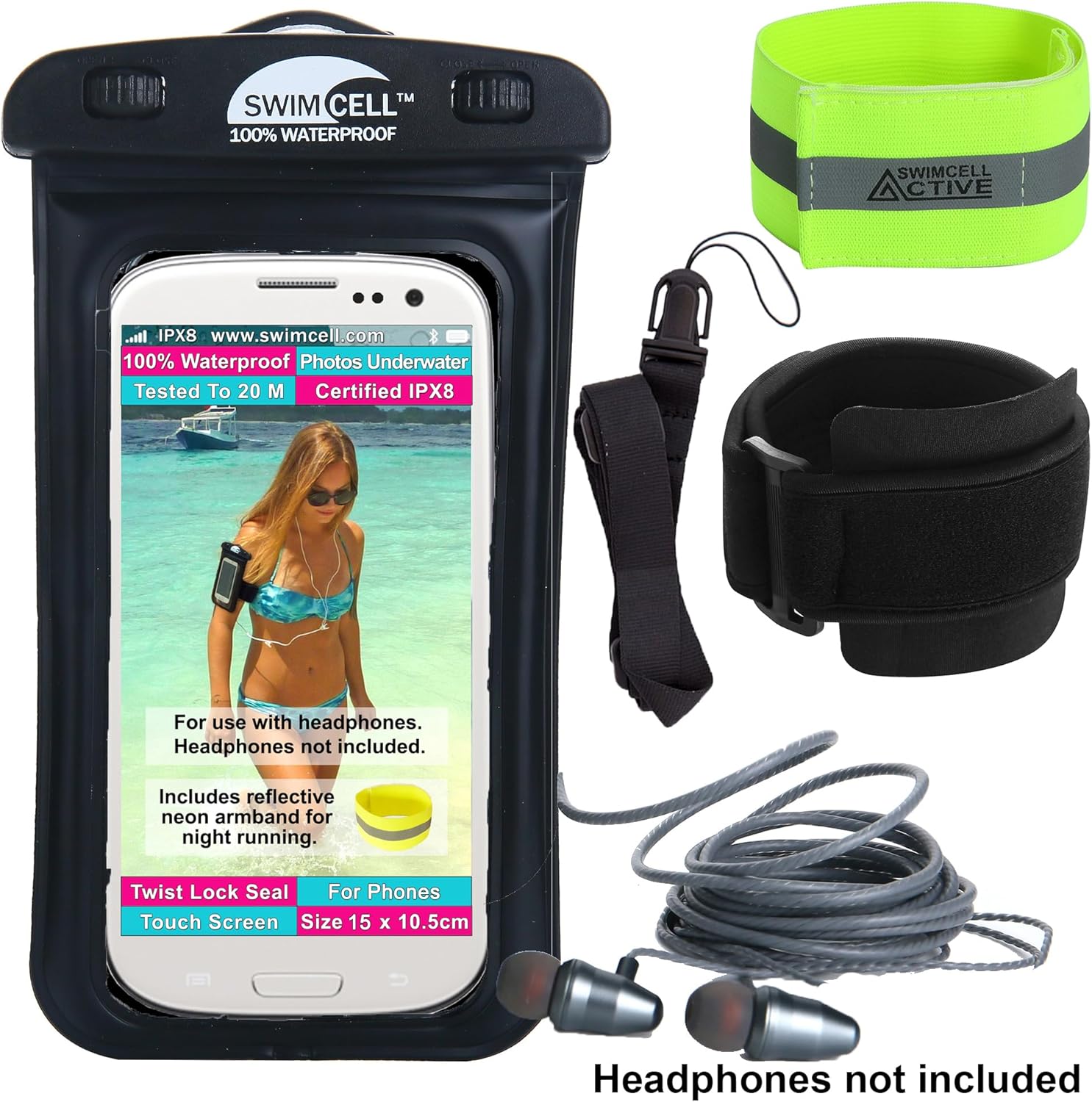 Waterproof Phone Holder Armband Case for Swimming Running Walking with Headphone Jack. Fits Standard Size Phones up to 5.9 inch/15cm- iPhone, Samsung. Android. Adjustable Armband and Neck Lanyard.