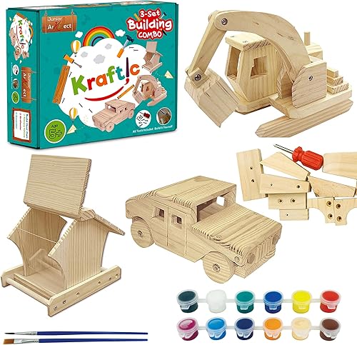 Kraftic Kit de construcción de carpintería para niños y adultos, 3 piezas educativas de carpintería de construcción de carpintería, kit de modelo de