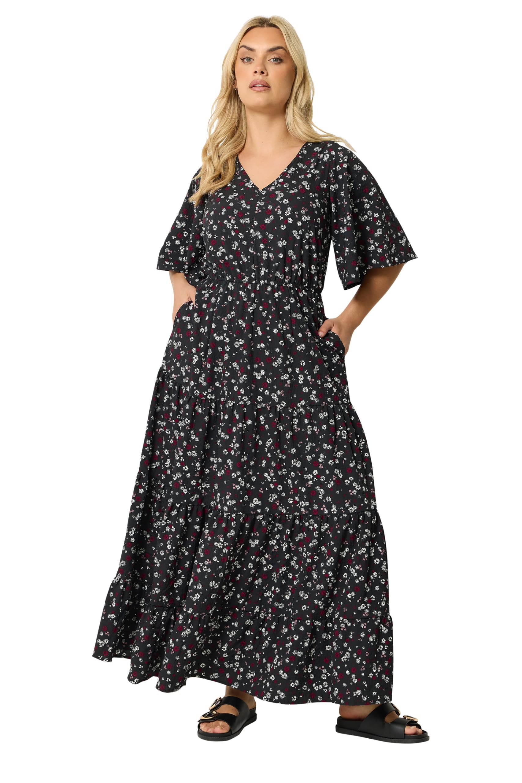 Yours Women's Black Ditsy Floral Textured Maxi Dress In | : 26/28