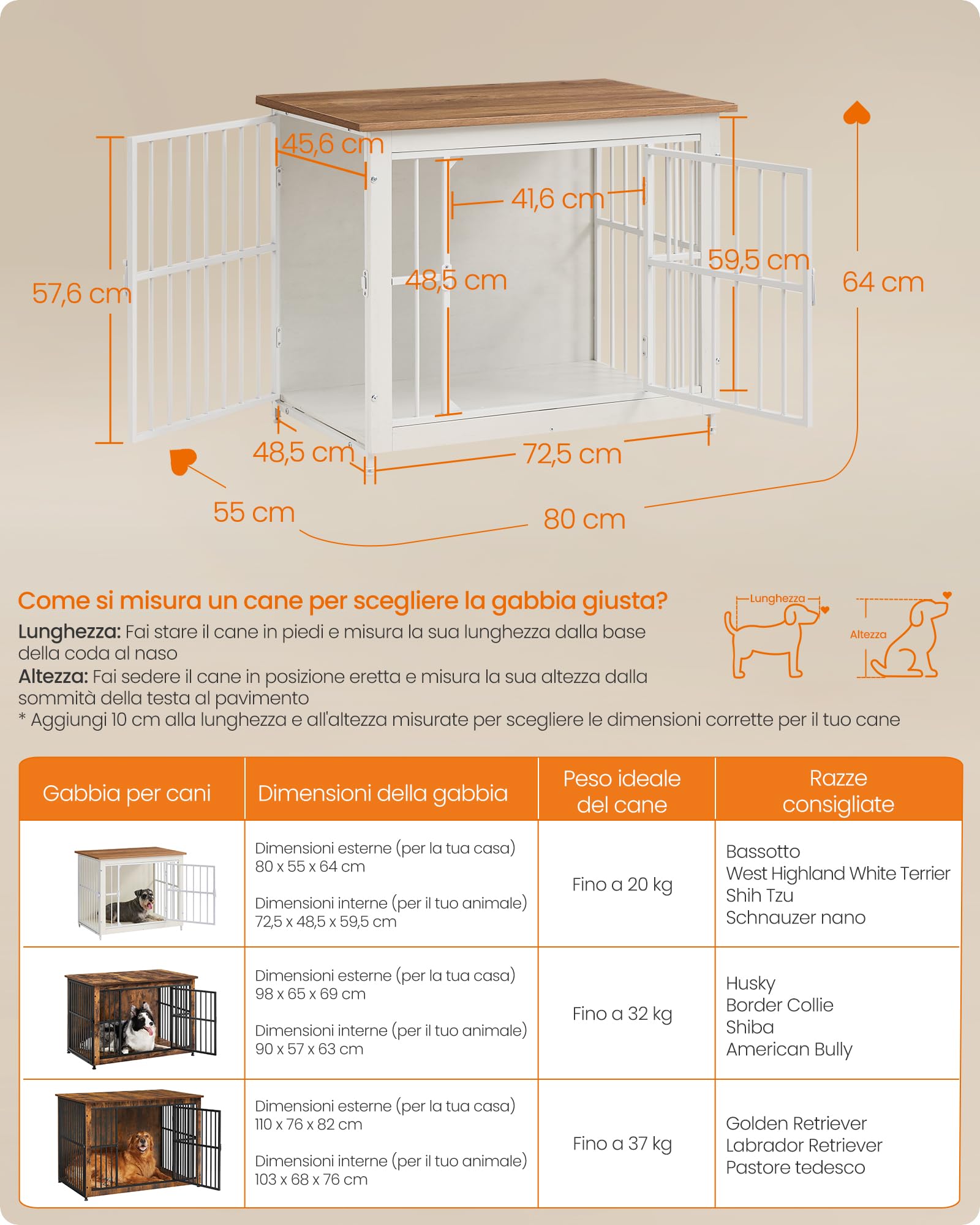 Feandrea Mobile Gabbia per Cani, Gabbia Moderna da Interno con Base Chiusa, 2 Porte, M, per Cani fino a 20 kg, Bassotto, Shih Tzu, Schnauzer Nano, Bianco Nuvola e Marrone Miele PFC022KB01