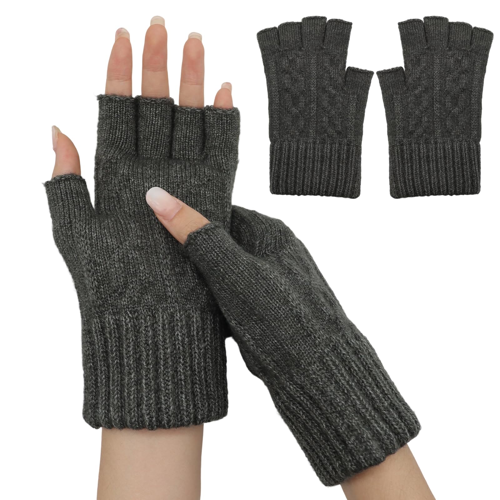 KASLCWA Fingerless Gloves, Half Finger Gloves, Thermal Fingerless Glove, Winter Knitted Thermal Glove for Driving Working Typing Writing Running, One Size, Dark Grey