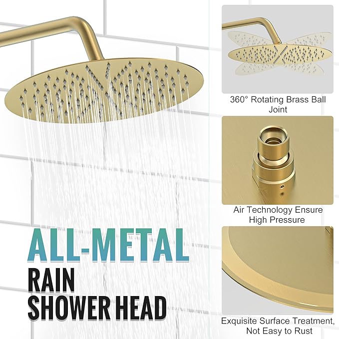 SR SUN RISE Shower Faucet - Multifunctional High Pressure Shower Head System with Handheld Shower Head Fixtures - Valve Included (Brushed Gold, 12 inch)