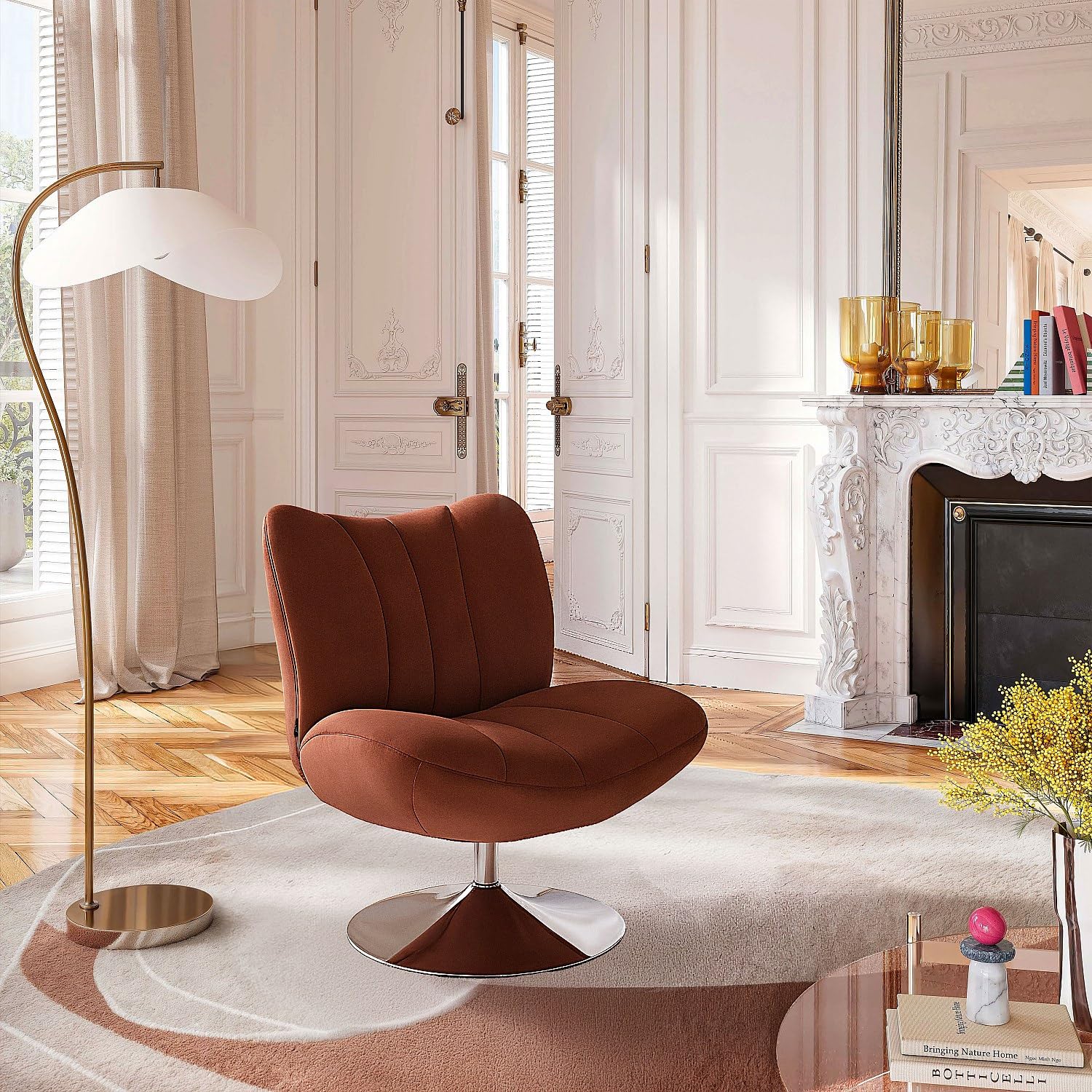 Habitat - Fauteuil pivotant matelassé en Tissu et métal chromé - Terracotta Andrew