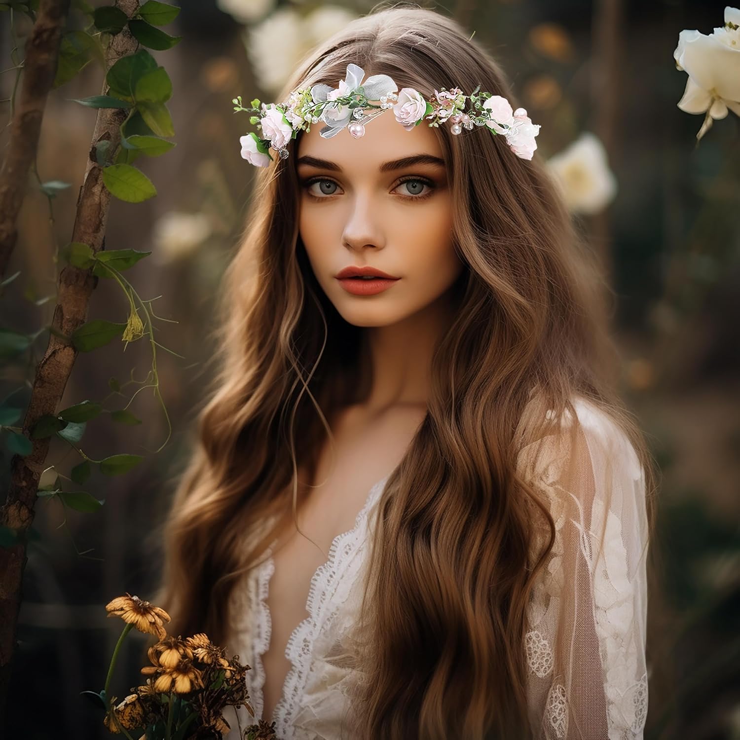 Vivivalue Floral Halo Boho Flower Headband Floral Crown Headpiece Hair Wreath with Ribbon Wedding Party Prom Photos Festival Pink - Image 2