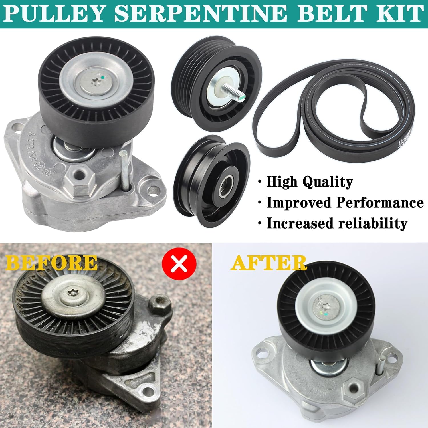 Serpentine Drive Belt Tensioner Idler Pulley Serpentine Belt Kit Compatible with 2006-2011 Mercedes-Benz ML350 GL450 G550 SLK300 C280 GLK350 E350 CL550 S550 Replaces 2722021419 2722000270
