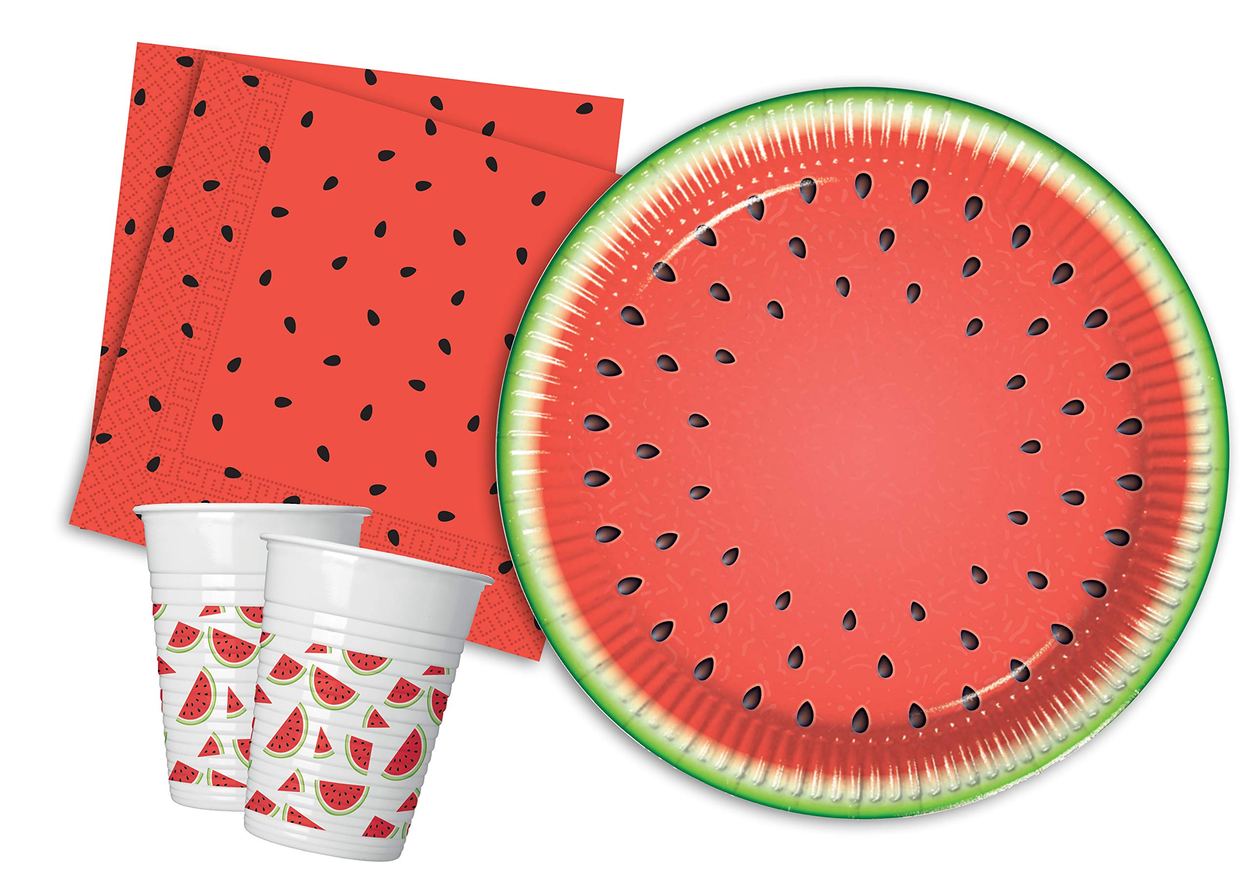 Party Tableware Set Watermelon for 24 people (88 pcs: 24 paper plates Ø23cm, 24 cups 200ml, 40 paper napkins 33x33cm)