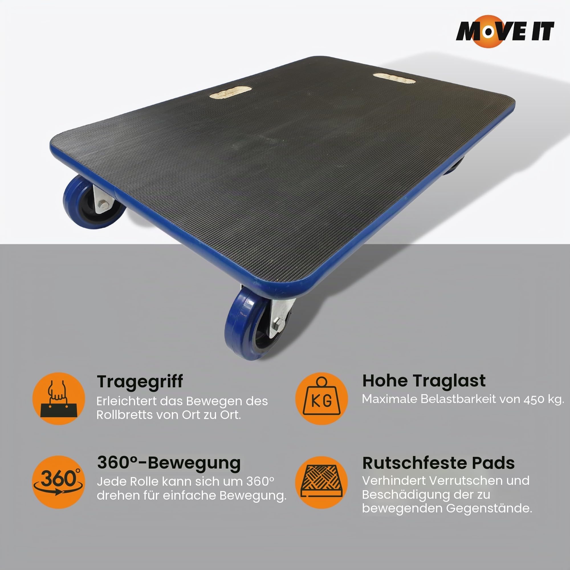 Move-It Transportroller, 450 kg Tragkraft, robuster Wagen zum Bewegen von Möbelgeräten, rutschfeste Unterseite, industrielle gewerbliche Nutzung, schwarz (70 x 50 cm)