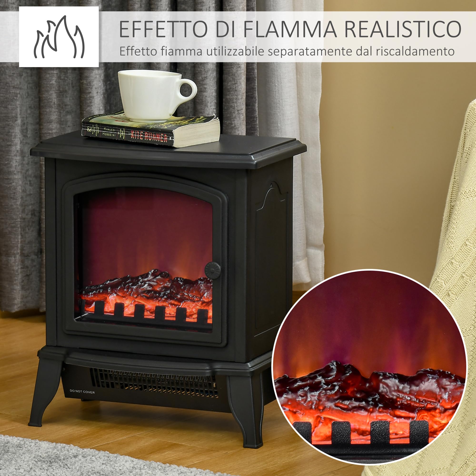 HOMCOM Camino Elettrico da Terra con Potenza Regolabile 1000W/2000W ed Effetto Fiamma Realistico, Caminetto Portatile in ABS e Vetro Temperato, 36.5x24x45.5 cm, Nero