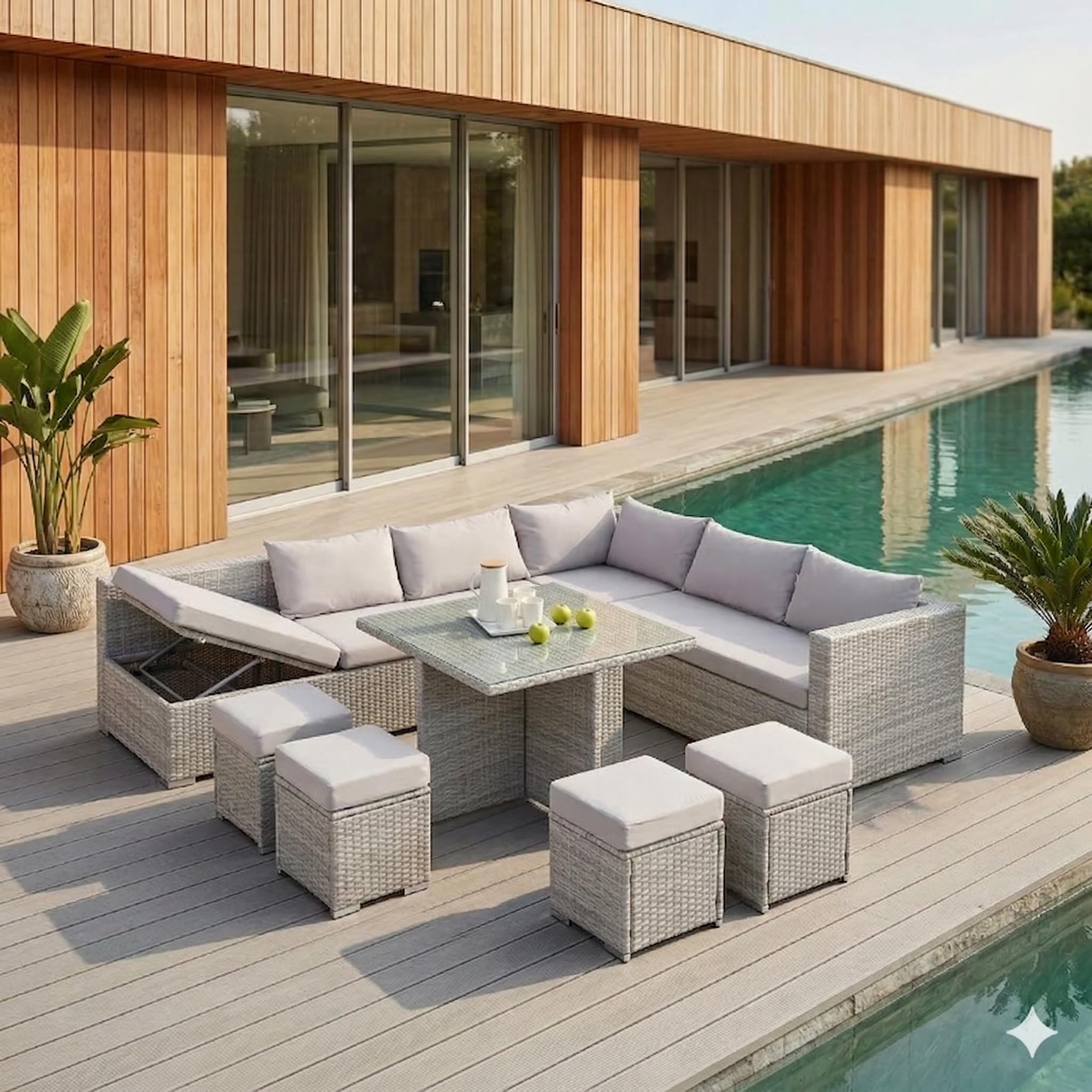 CONCEPT USINE | Conjunto de jardín Samoa modular de 10 plazas | Resina trenzada de 4 hilos gris claro | Mesa alta de cristal templado | Sofá esquinero reclinable con almacenamiento | 4