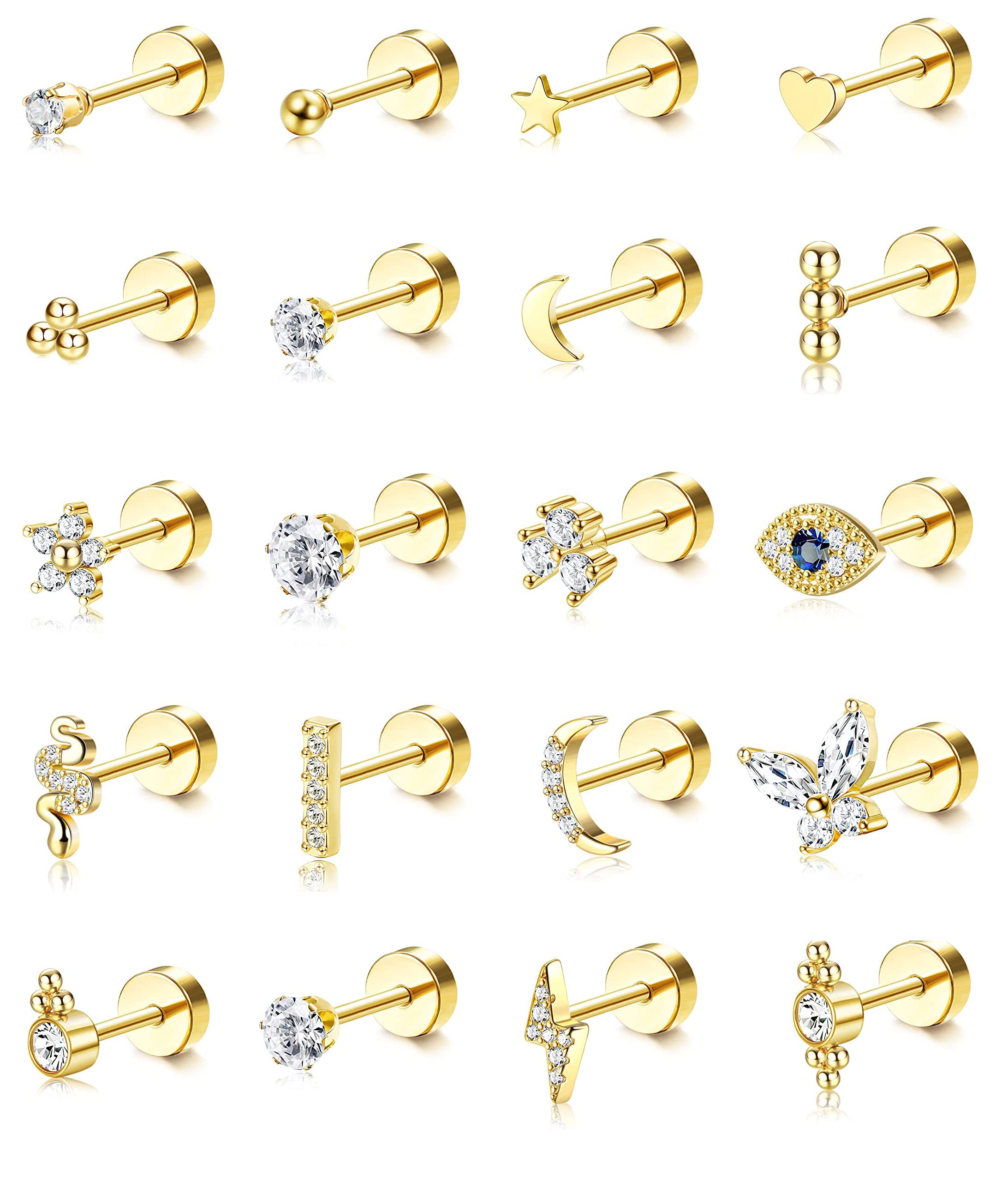 Chriscoco20 Pieces Earrings for Women Set Stainless Steel Small Flat Back Earrings for Men Women Hypoallergenic Star Moon Flower CZ Trague Cartilage Earrings