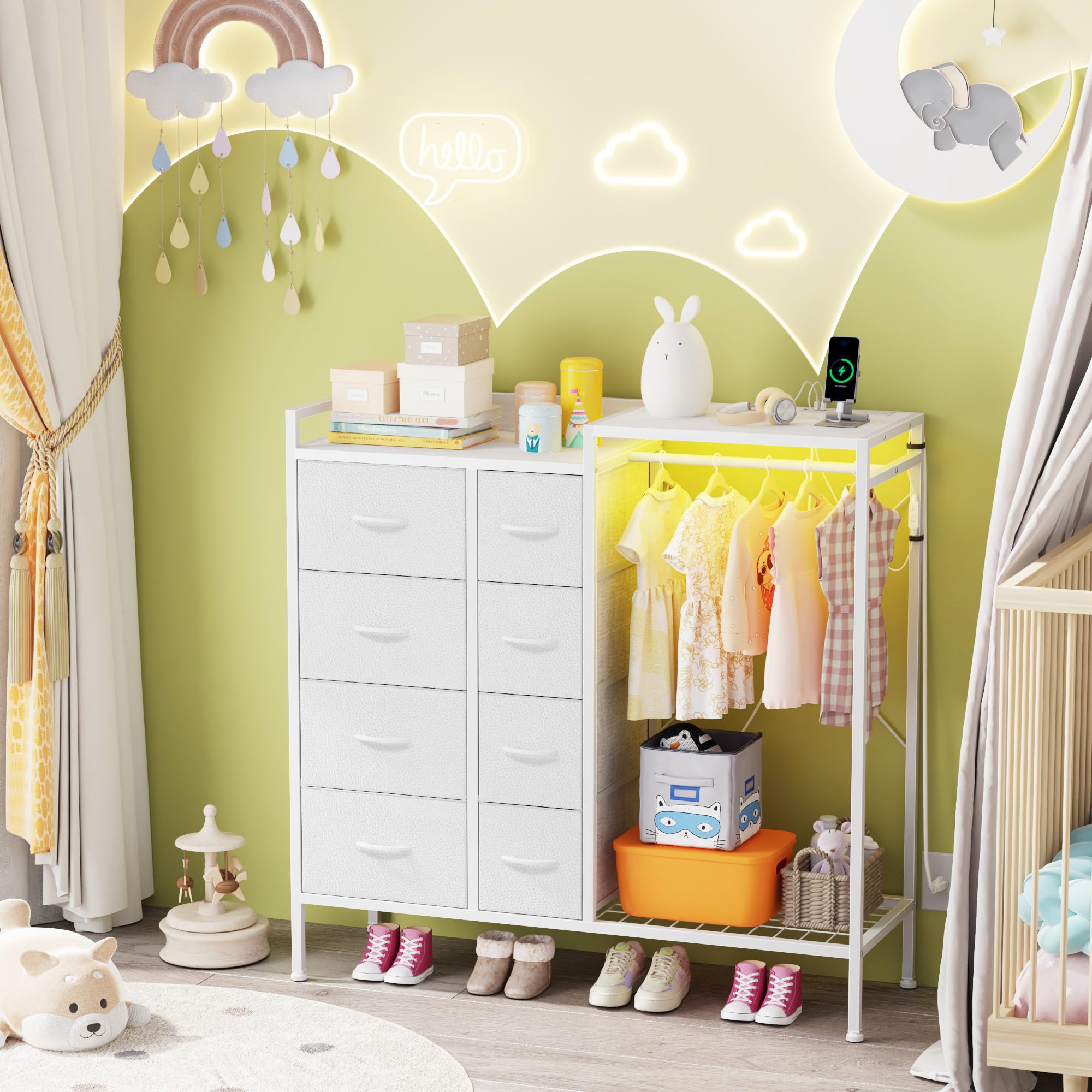 Cómoda de 8 cajones con estante para colgar, cómoda con estación de carga y luces LED, cómoda para niños con zapatero para almacenamiento de ropa, cómoda con parte superior de madera para 6