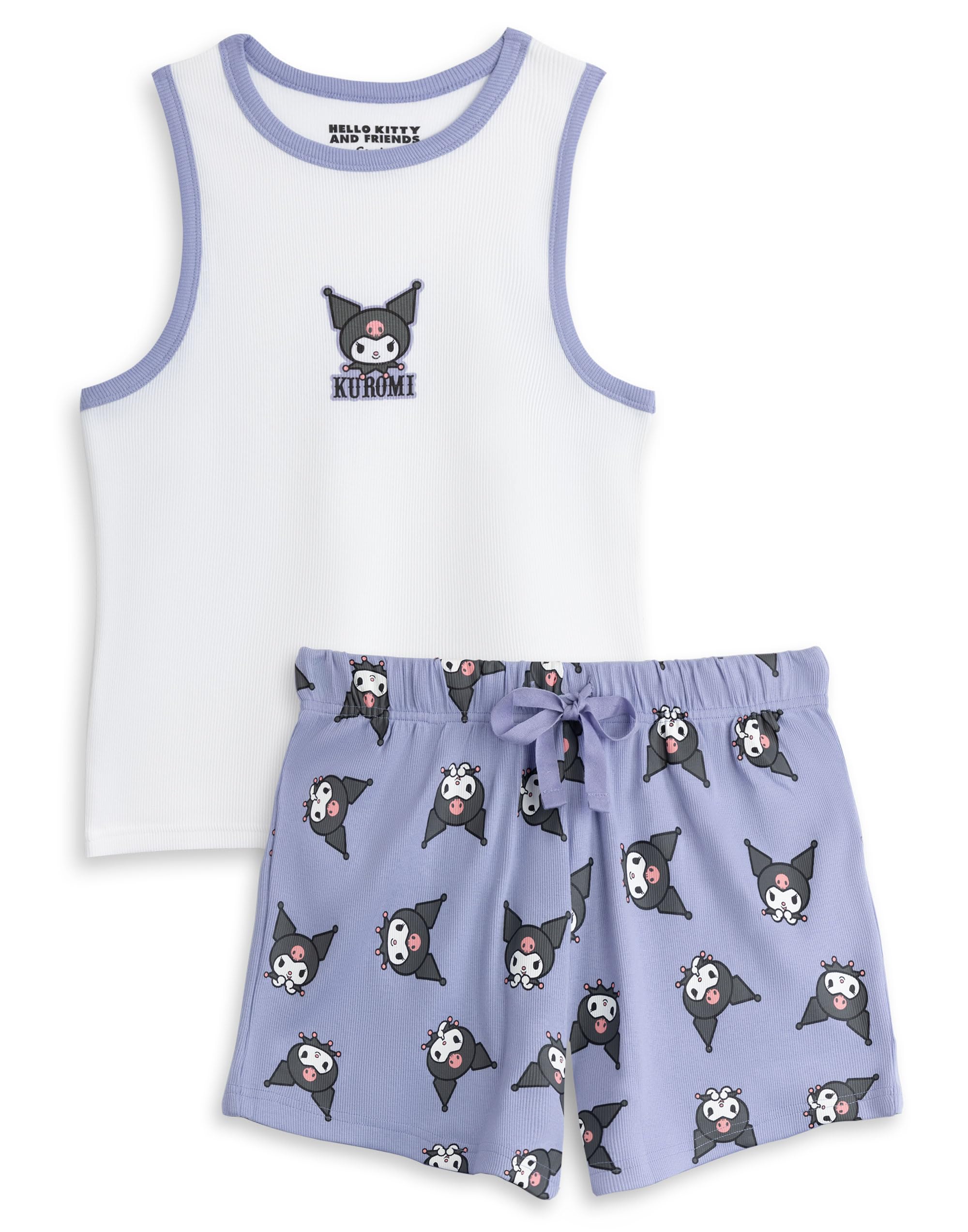 Hello Kitty Kuromi Women's White and Lavender Vest and Shorts Pyjama Set | Sleeveless Sleepwear with Character Print | Sanrio Cartoon Nightwear | Comfortable Loungewear for Women - Small
