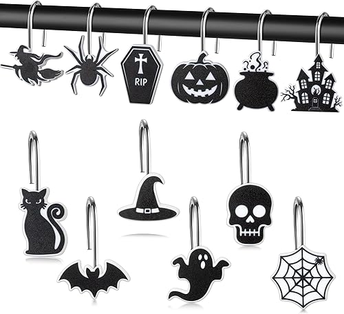 Miniatura 9 de MALLMALL6 12 ganchos para cortina de ducha de Halloween, diseño gótico, de terror, de metal, a prueba de óxido, accesorios de decoración con