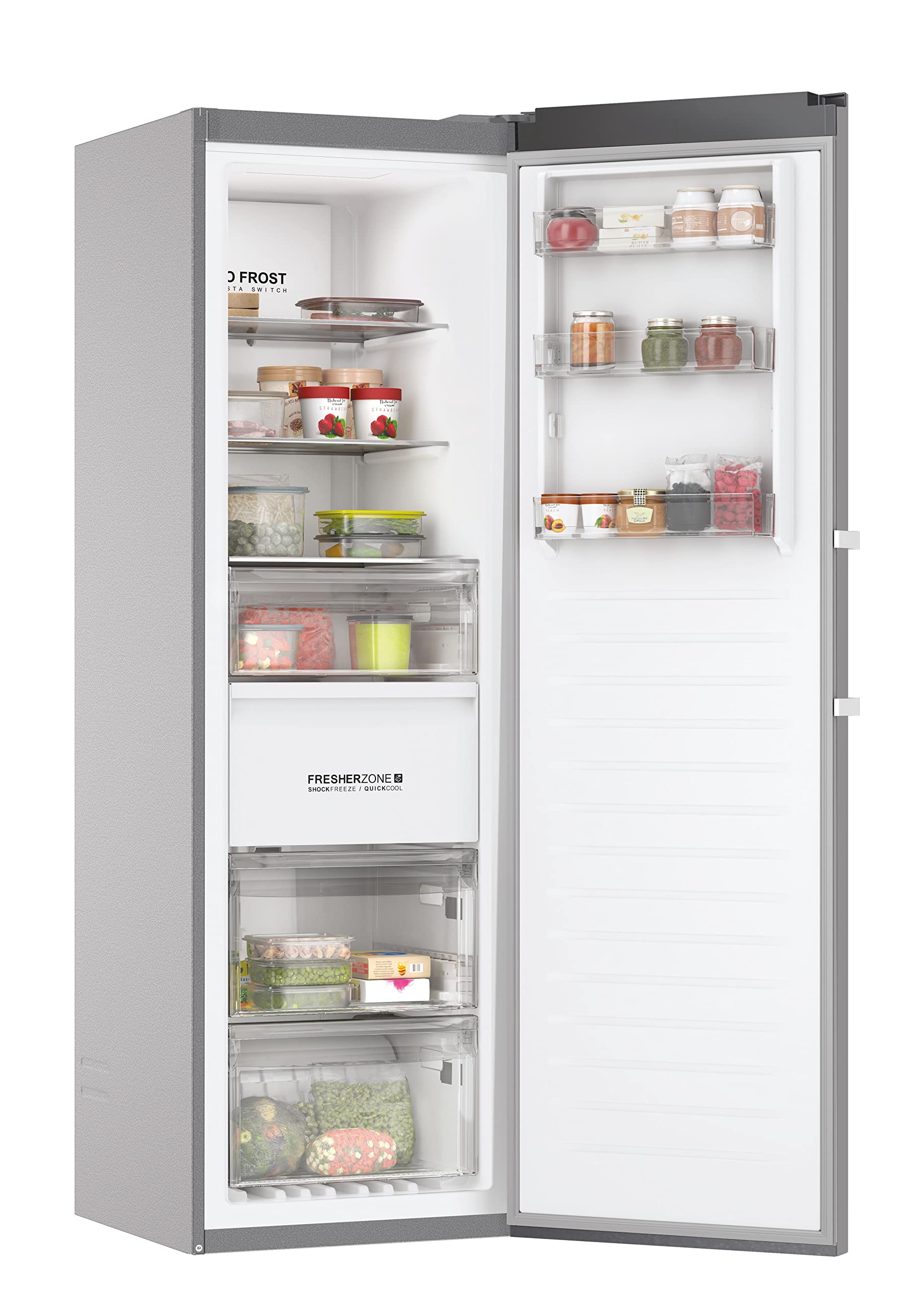 Haier Gefrierschrank H3F330SEH1 | InstaSwitch, Smart hOn App, Nutzvolumen 330 L, Inverter-Kompressor, Fresher Zone, No Frost, Digitales Türdisplay, Silber