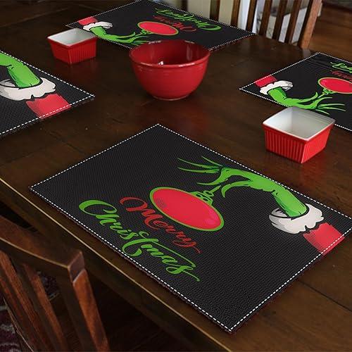 Miniatura 7 de Manteles individuales de lino con texto en inglés "Merry Christmas" para mesa de comedor, 16.5 x 12.5 pulgadas, juego de 4 manteles individuales de