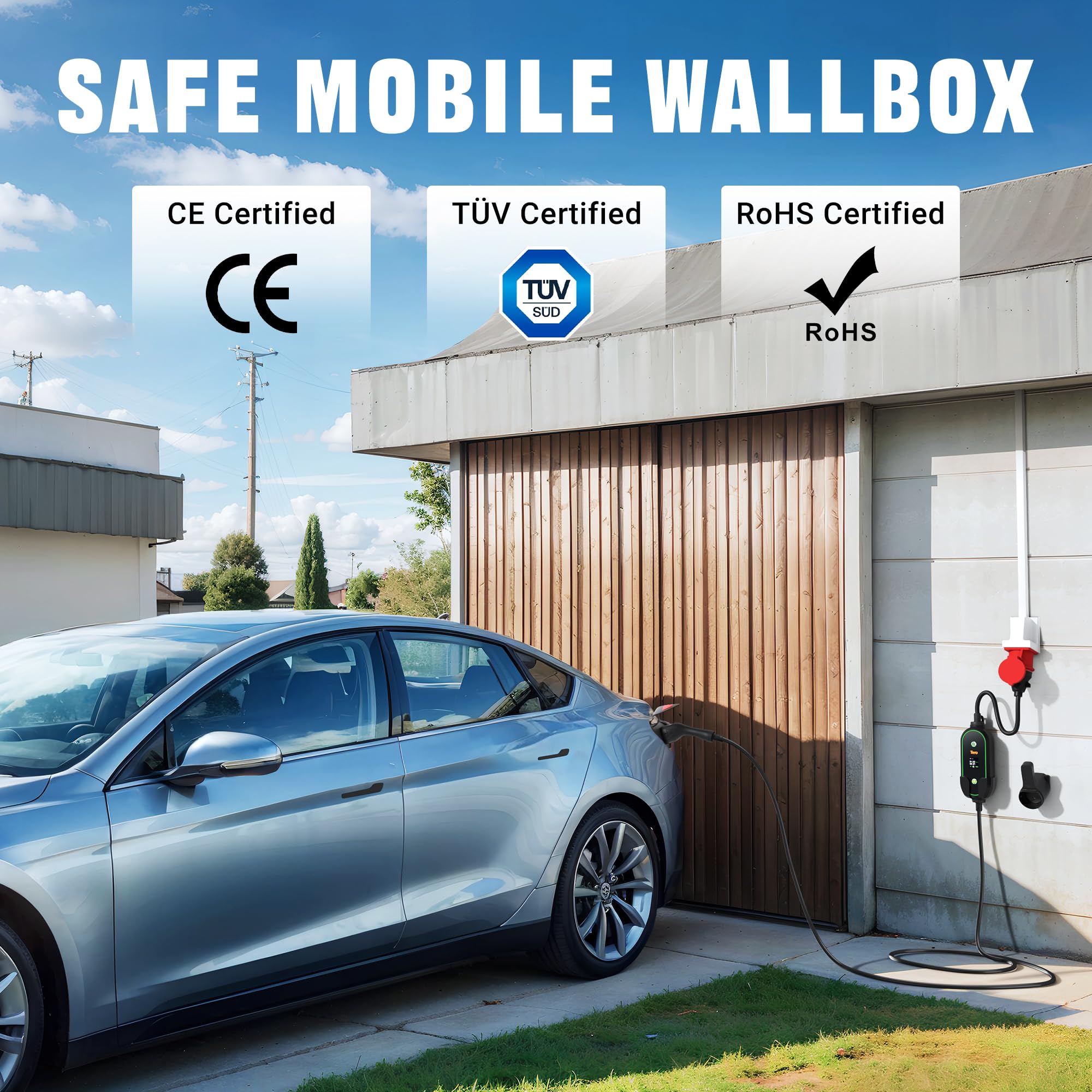 Tera Mobile Wallbox Typ-2 tragbar: 11kW 3-Phasig 6-16A 7,5m Ladekabel CEE 5 Pin EV Ladegerät 0,5-5h verzögertes Laden Einstellbarer Ladeleistung Ladegerätehalter für Elektroauto P03