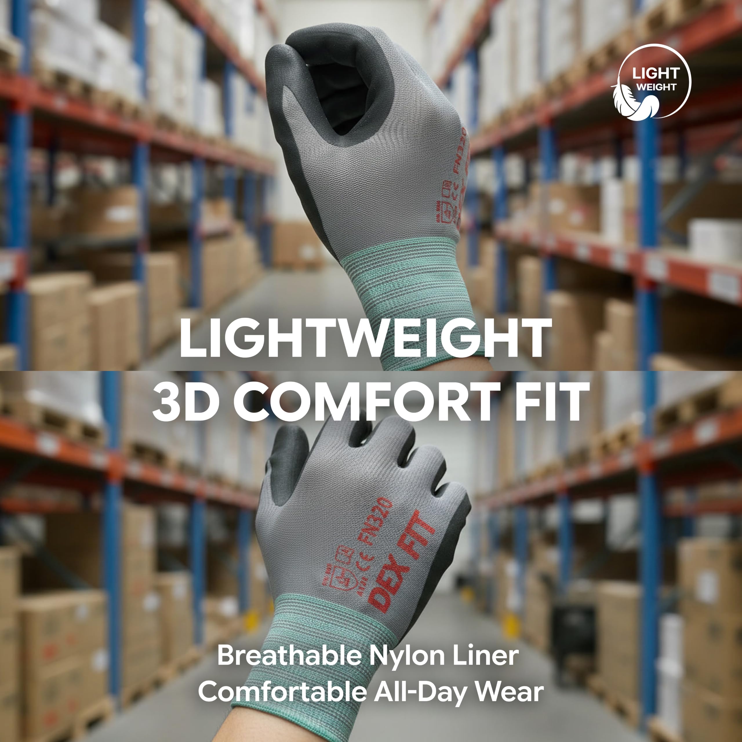 DEX FIT FN320 Guanti da Lavoro in Nylon Premium - Vestibilità 3D-Comfort, Presa in Nitrile, Sottili e Leggeri, Super Traspiranti e Protettivi, Lavabili; Blu 10 (XL) 12 Paia