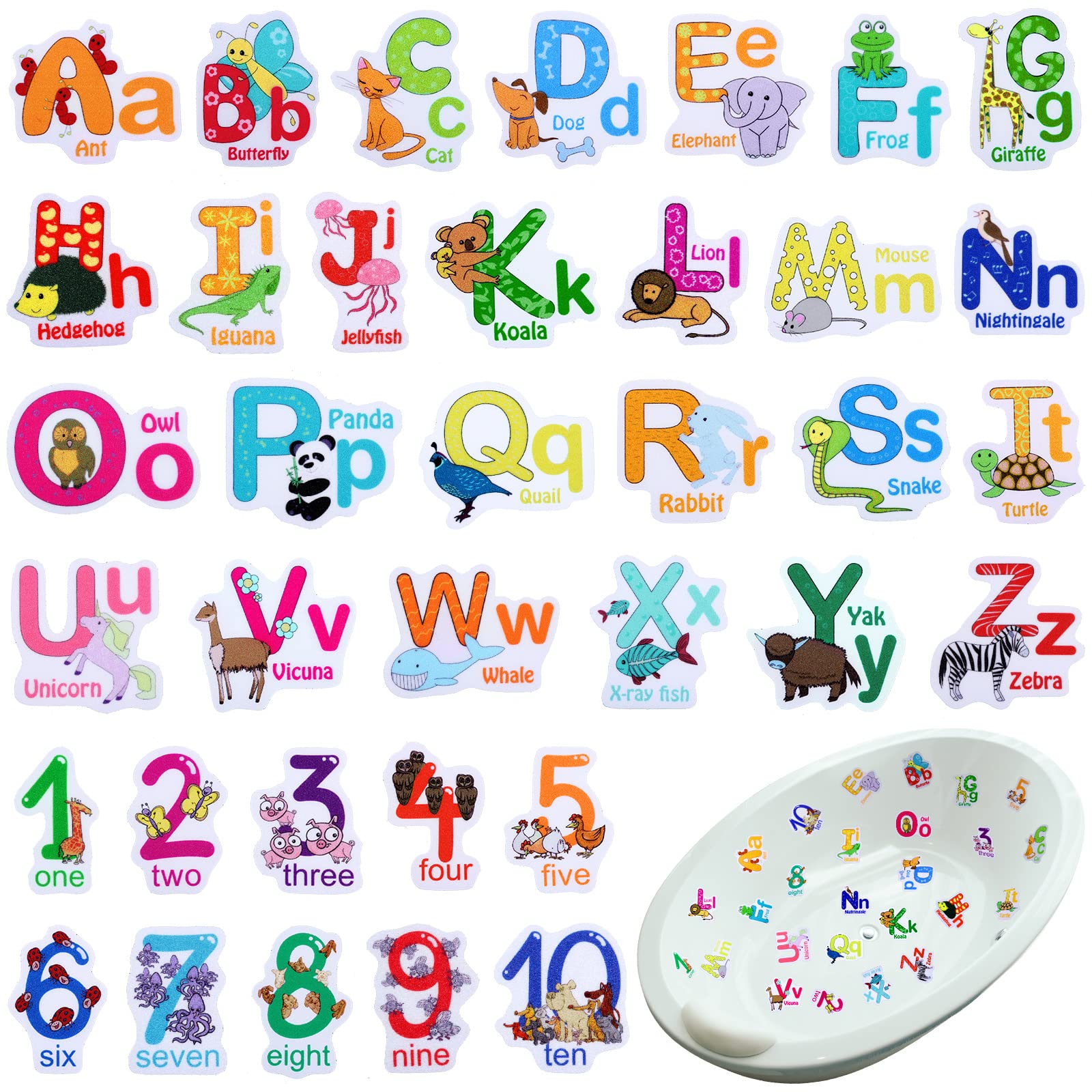 Chinco 36 Pcs Non Slip Bathtub Stickers 26 Adhesive Alphabet and 10 Number Decals Anti Slip Decal Stickers for Kids Shower and Bath Tub Accessories