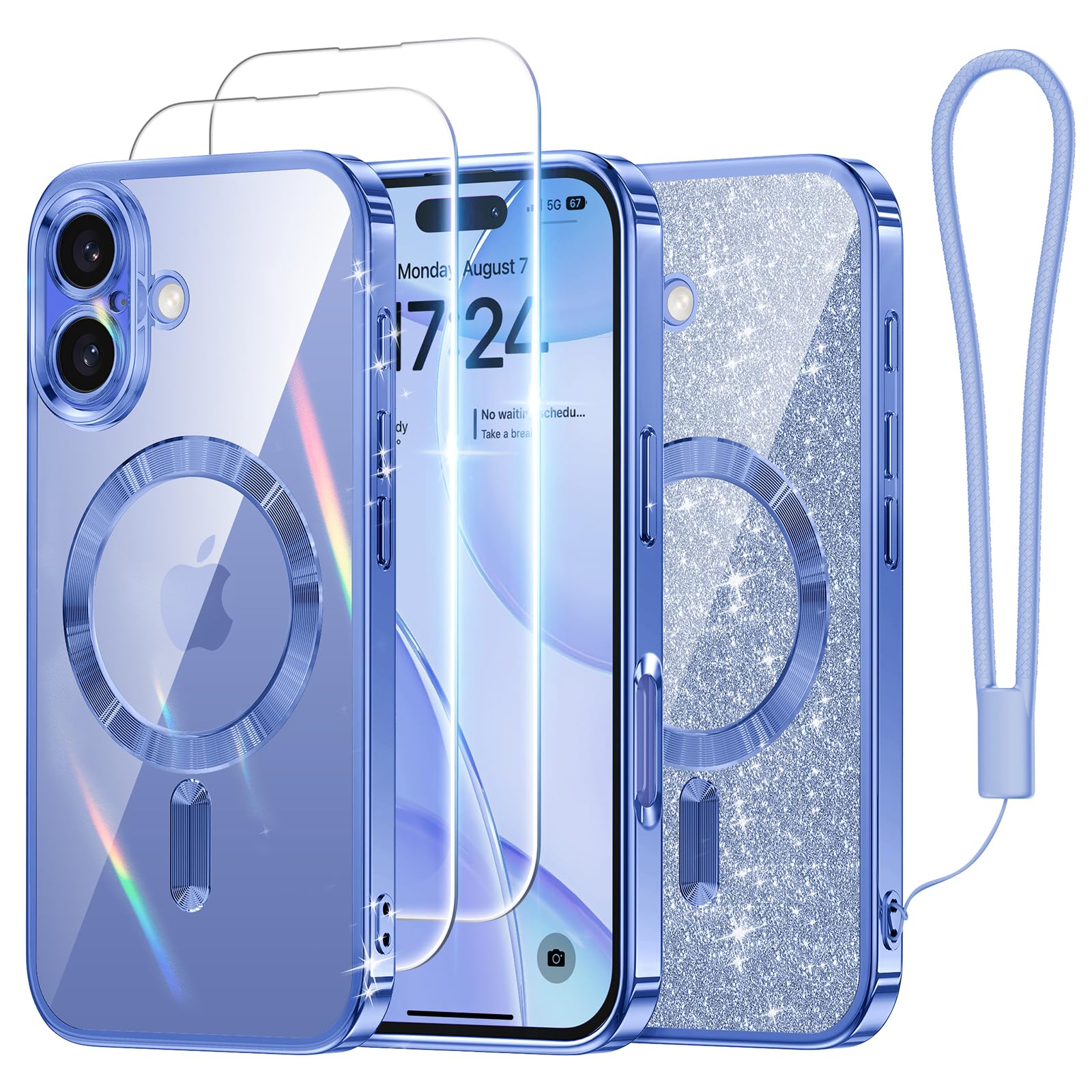 Meifigno Case Designed for iPhone 16 6.1 inch, [Compatible with MagSafe] [2X Screen Protectors] [Glitter Card & Wrist Strap] Surround Lens Protection