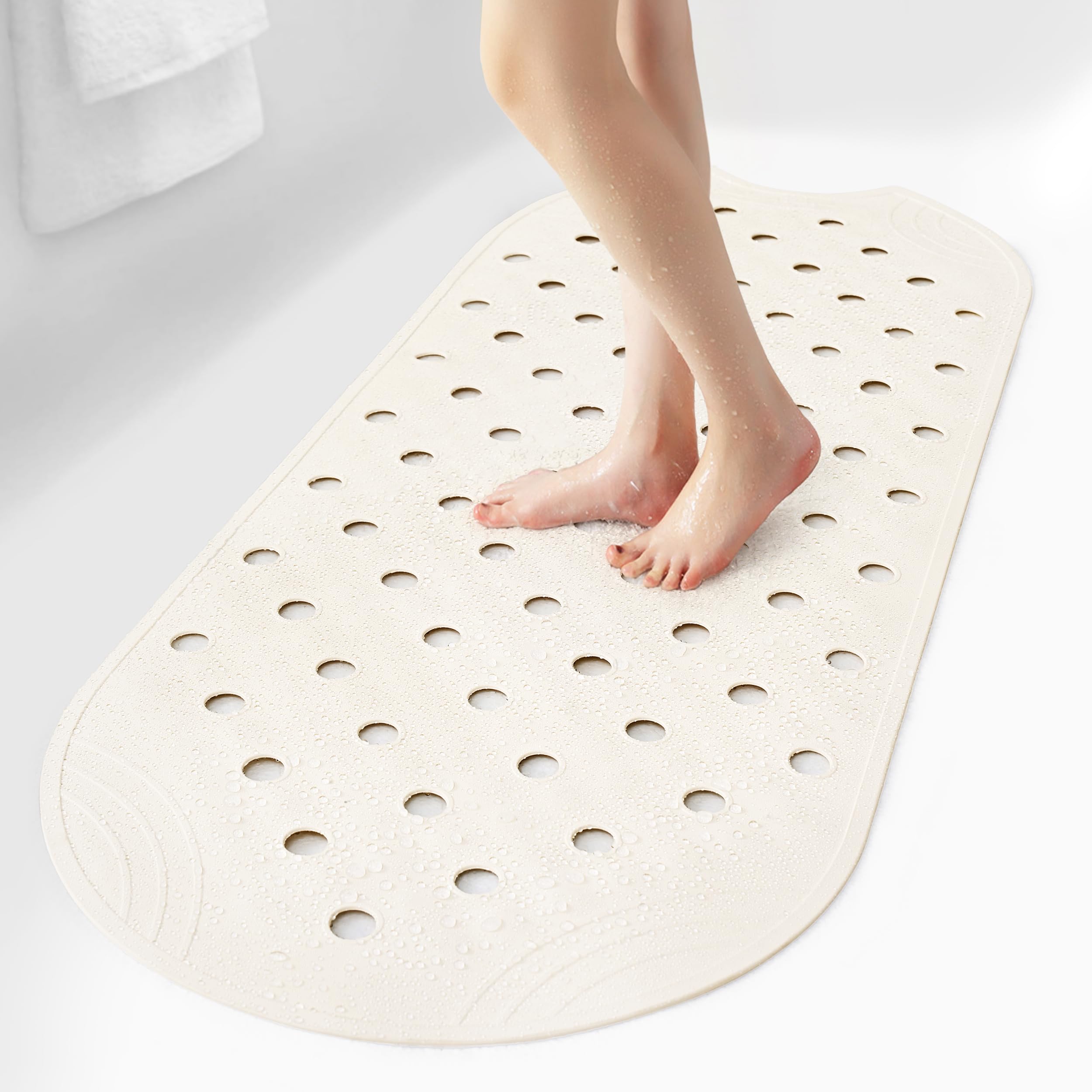 SelfSuite Rubber Bathtub Mat Shower Mat Non-Slip, 39x16 Inch, Bath Tub Floor Mat with Suction Cups and Drainage Holes, Ivory White