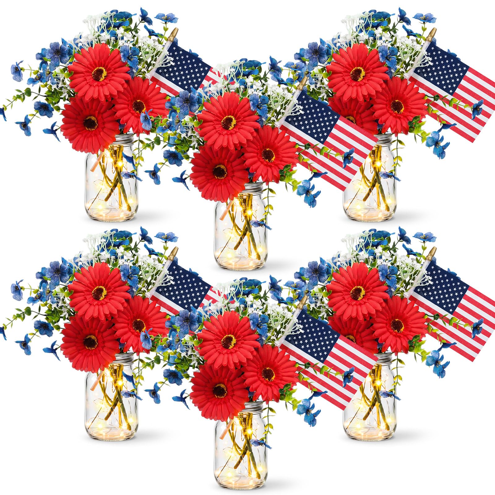 Photo 1 of Domensi 6 Set Patriotic Centerpiece 4th of July Table Centerpiece Decoration Red and Blue Artificial Daisy Flower, Glass Mason Jars with String Light and Mini American Flags Decor for 250 Anniversary