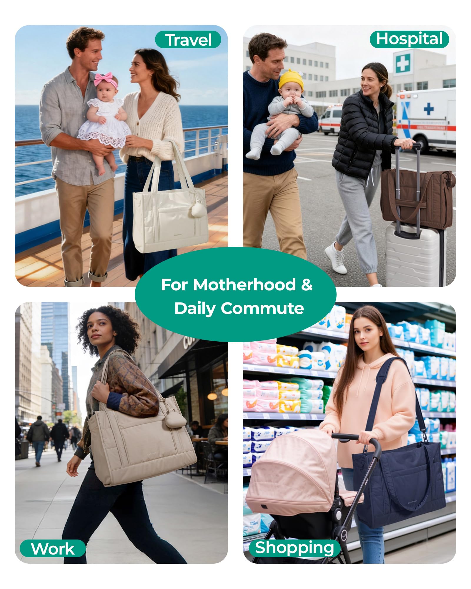 bagsmart Puffer - Borsa fasciatoio (stile Tote-Bag), per la nascita e il parto, con borsa per ciuccio, leggera, per viaggi e lavoro, multifunzione, scomparti isolati, impermeabile